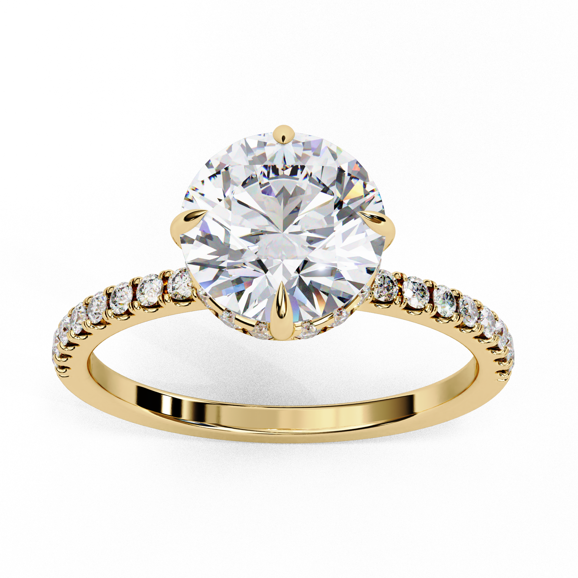 Timeless Elegance: Round Cut Lab-Grown Diamond Ring with Basket Halo and Diamond Band in Gold