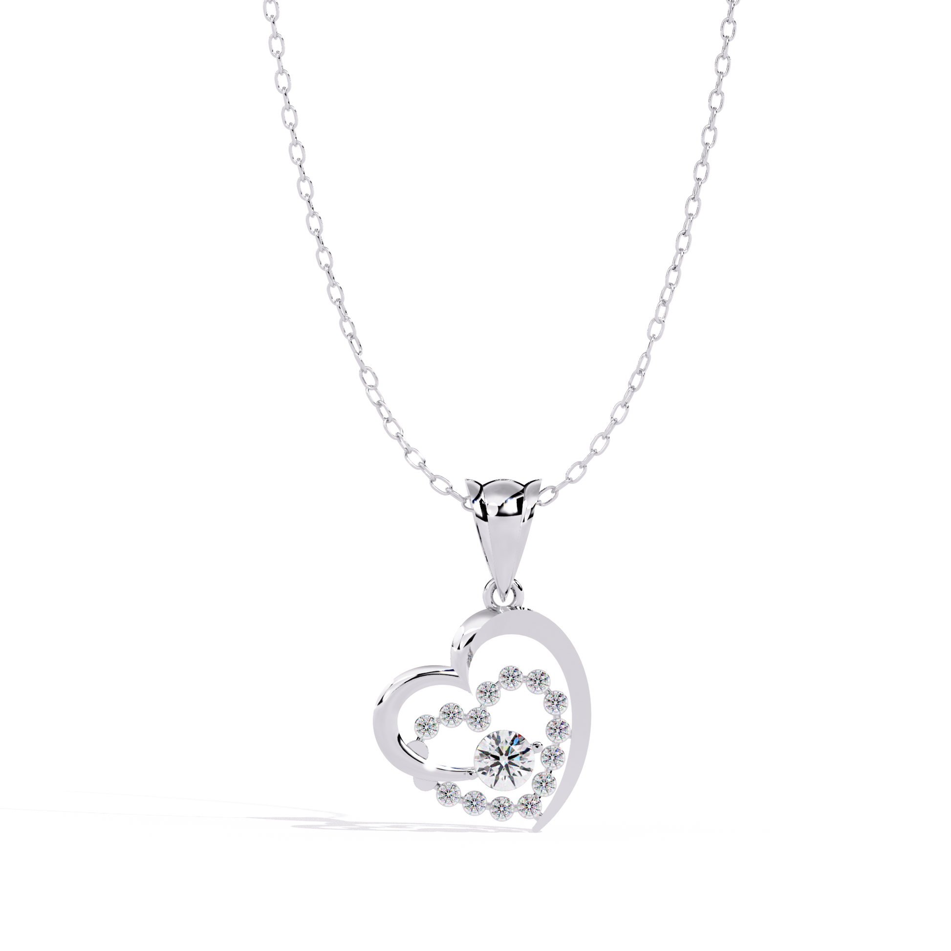Solitaire Lab Grown Diamonds Heart Swirl Pendant in 14K Gold – Main + Round Diamonds