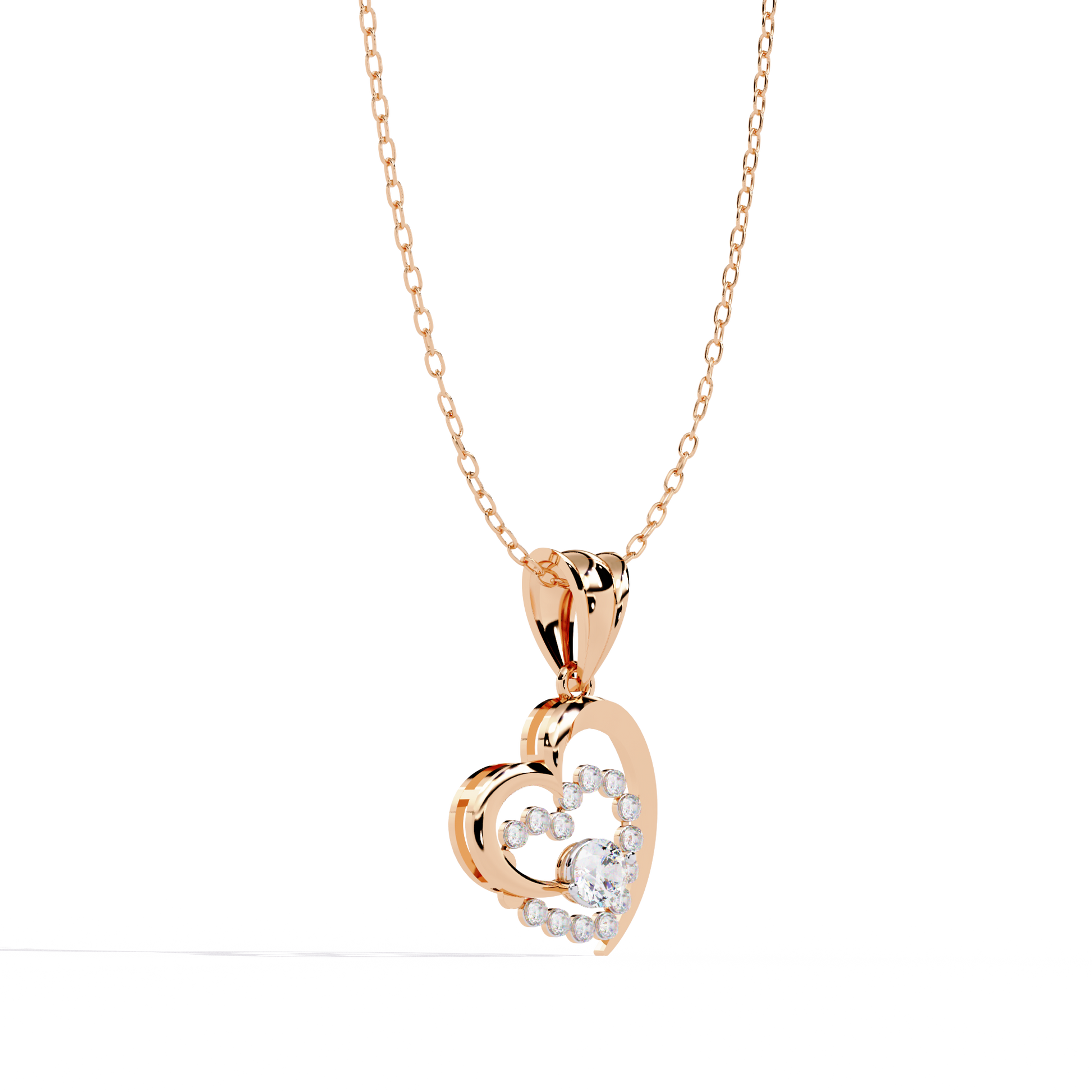 Solitaire Lab Grown Diamonds Heart Swirl Pendant in 14K Gold – Main + Round Diamonds