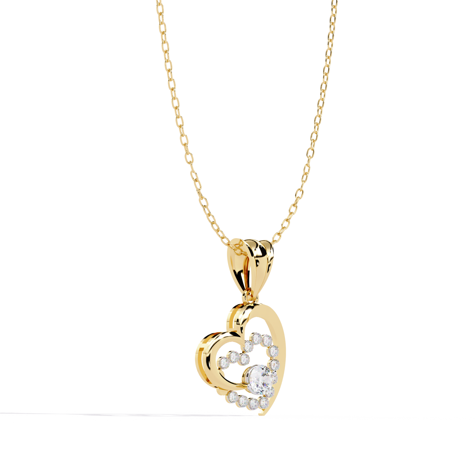 Solitaire Lab Grown Diamonds Heart Swirl Pendant in 14K Gold – Main + Round Diamonds