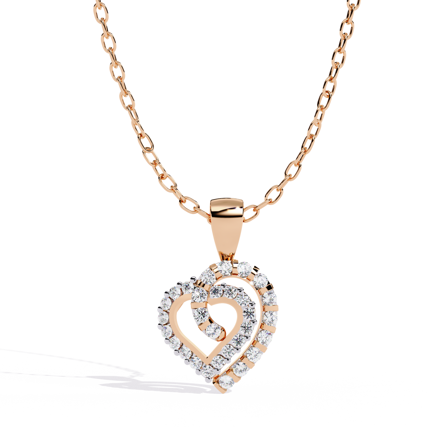 Double Heart Design Lab Grown Diamond Pendant – Round Cut Diamonds in Gold