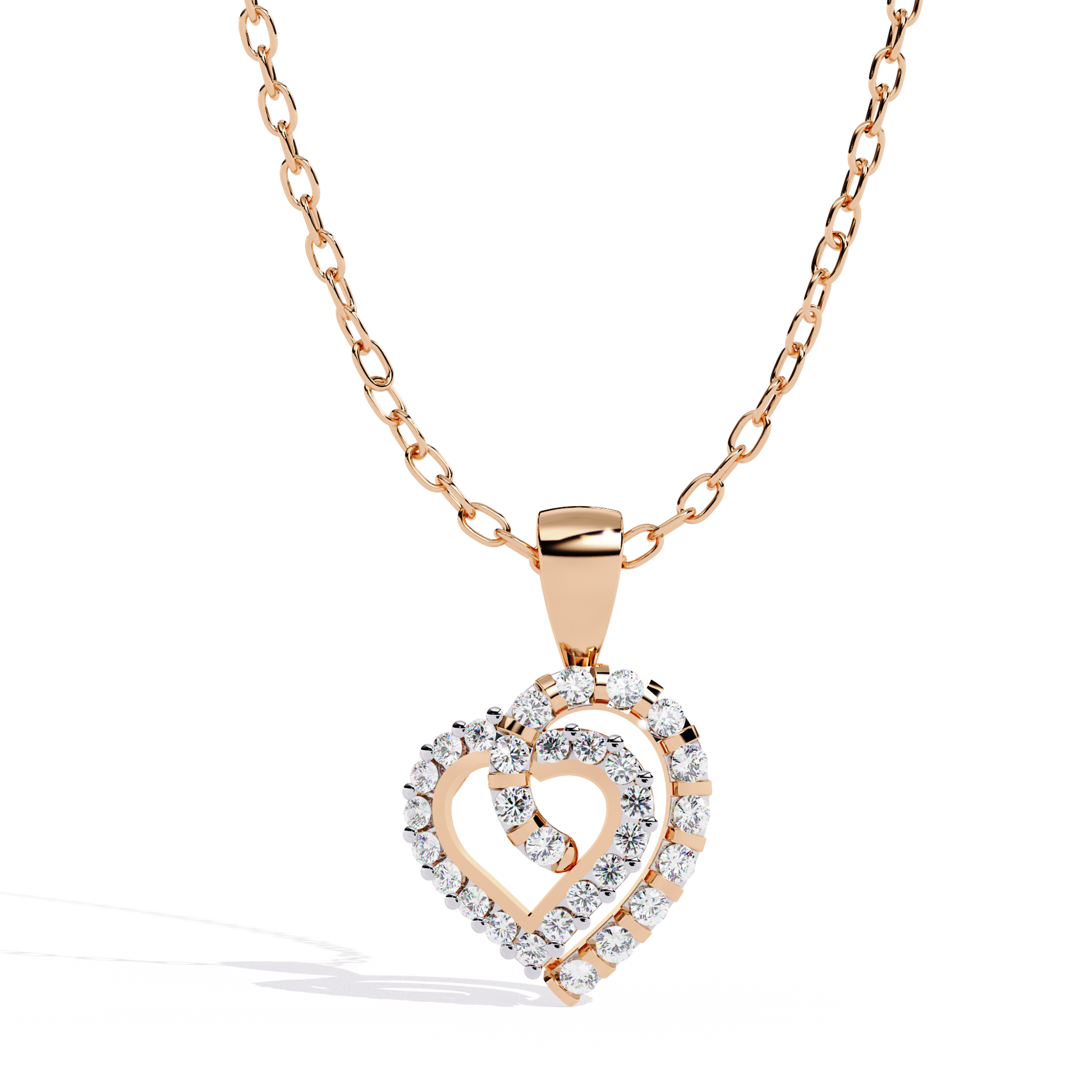 Double Heart Design Lab Grown Diamond Pendant – Round Cut Diamonds in Gold