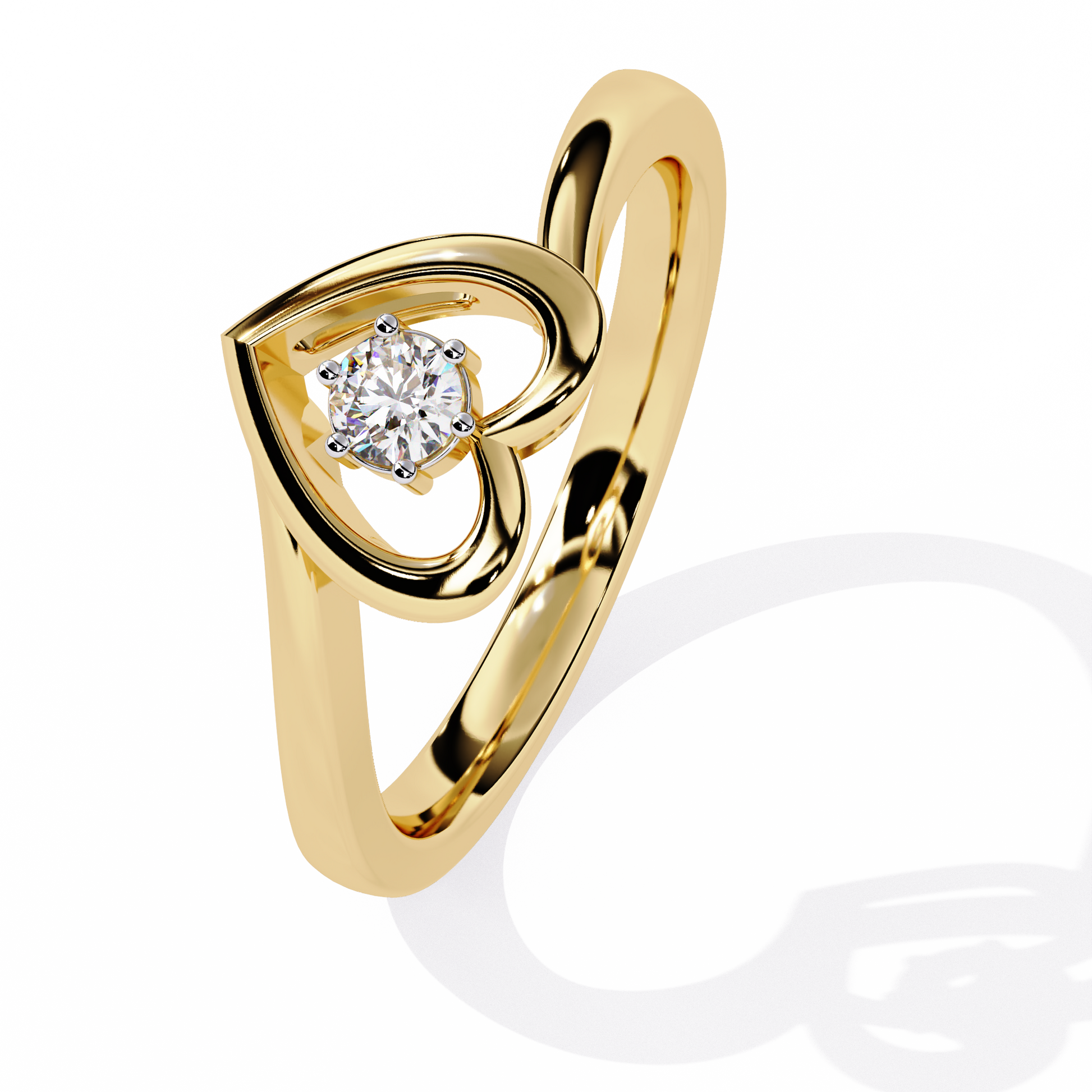 Gold open heart ring with central round solitaire diamond for women