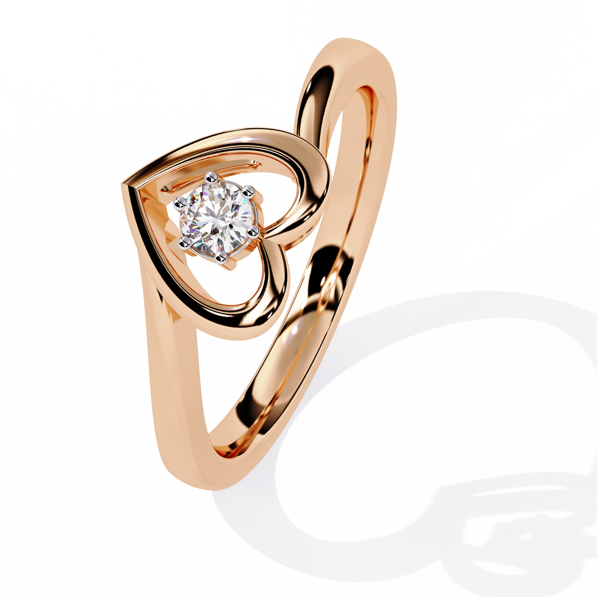 Gold open heart ring with central round solitaire diamond for women