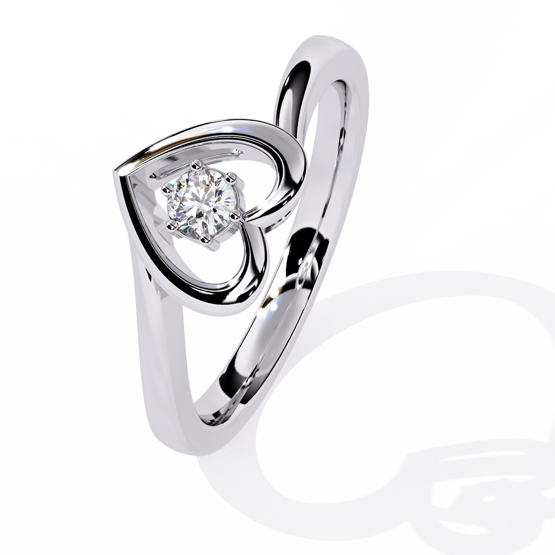 Gold open heart ring with central round solitaire diamond for women