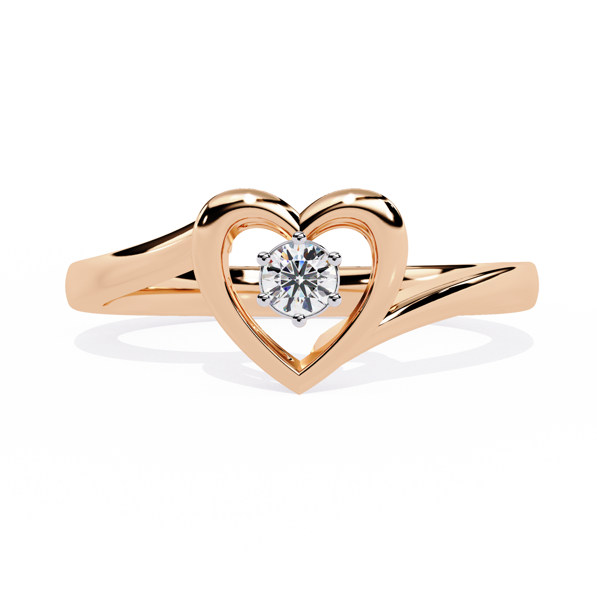 Gold open heart ring with central round solitaire diamond for women