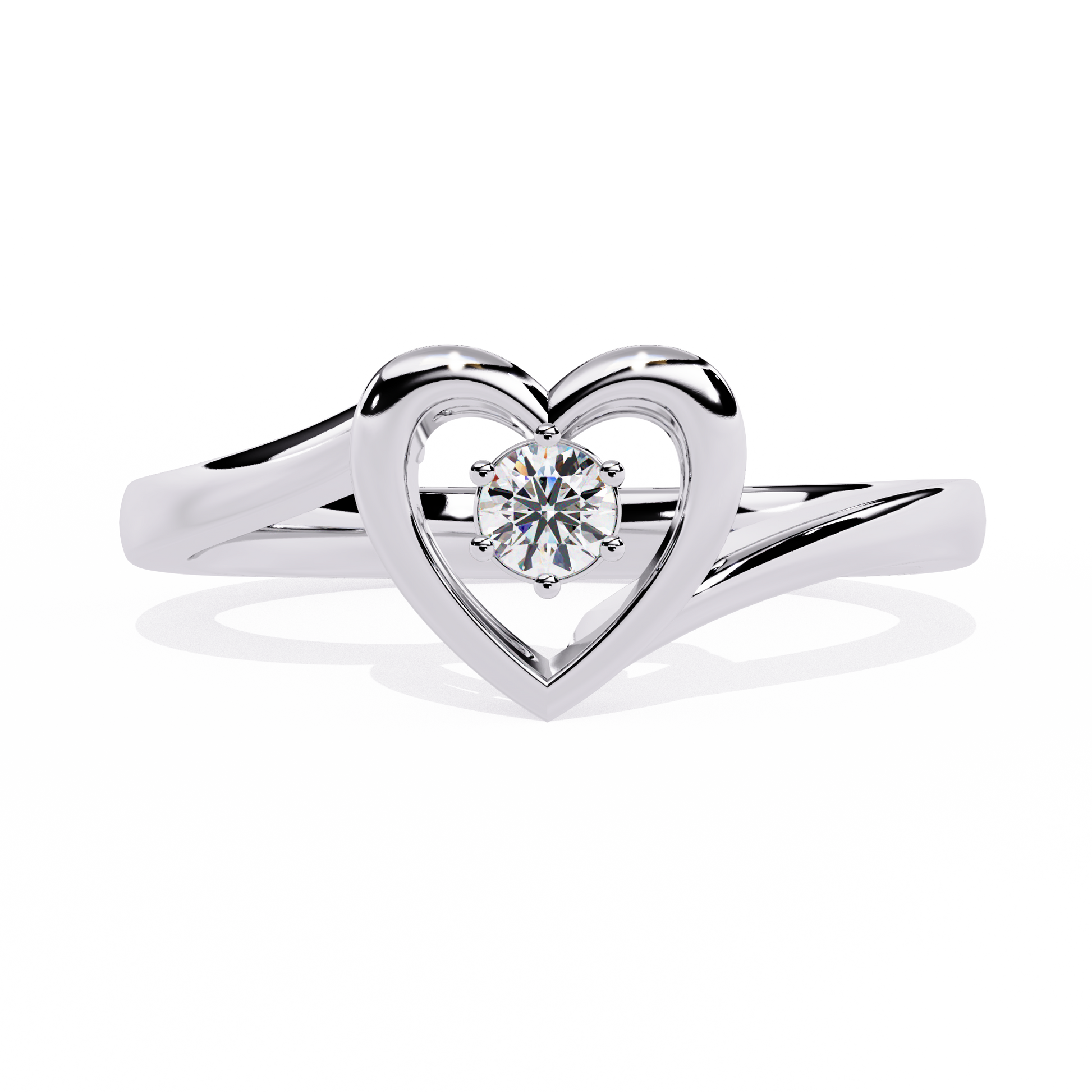 Gold open heart ring with central round solitaire diamond for women
