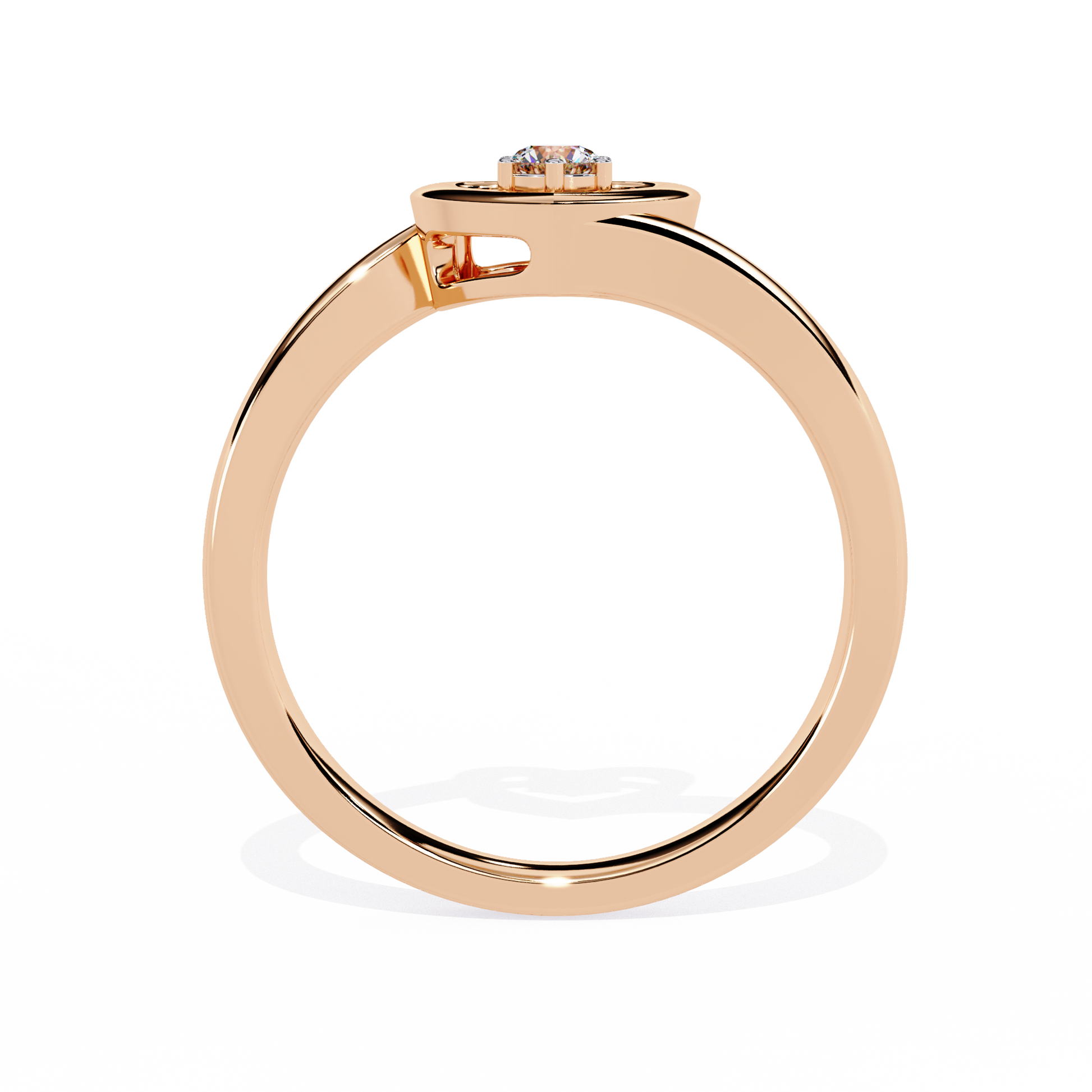 Gold open heart ring with central round solitaire diamond for women