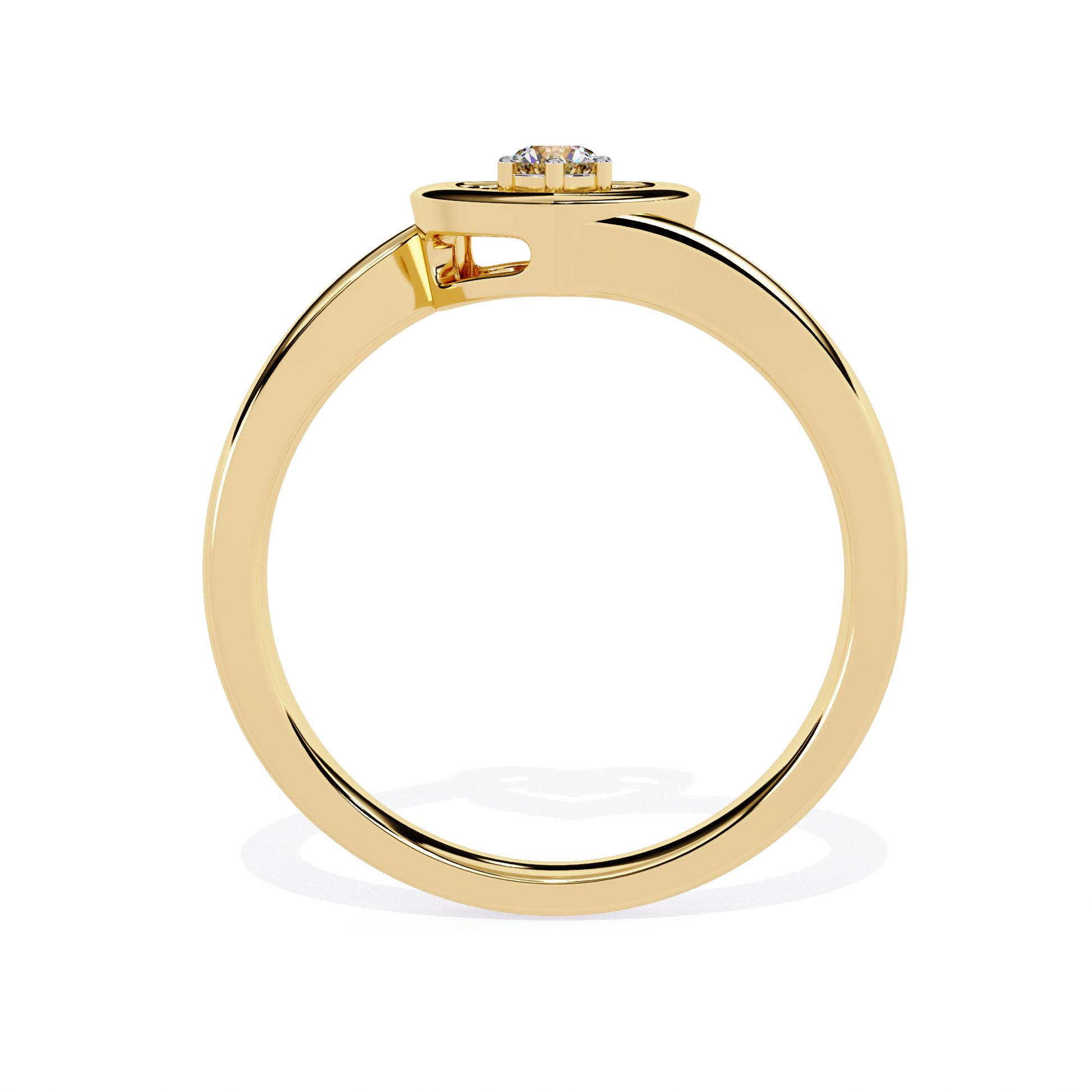 Gold open heart ring with central round solitaire diamond for women