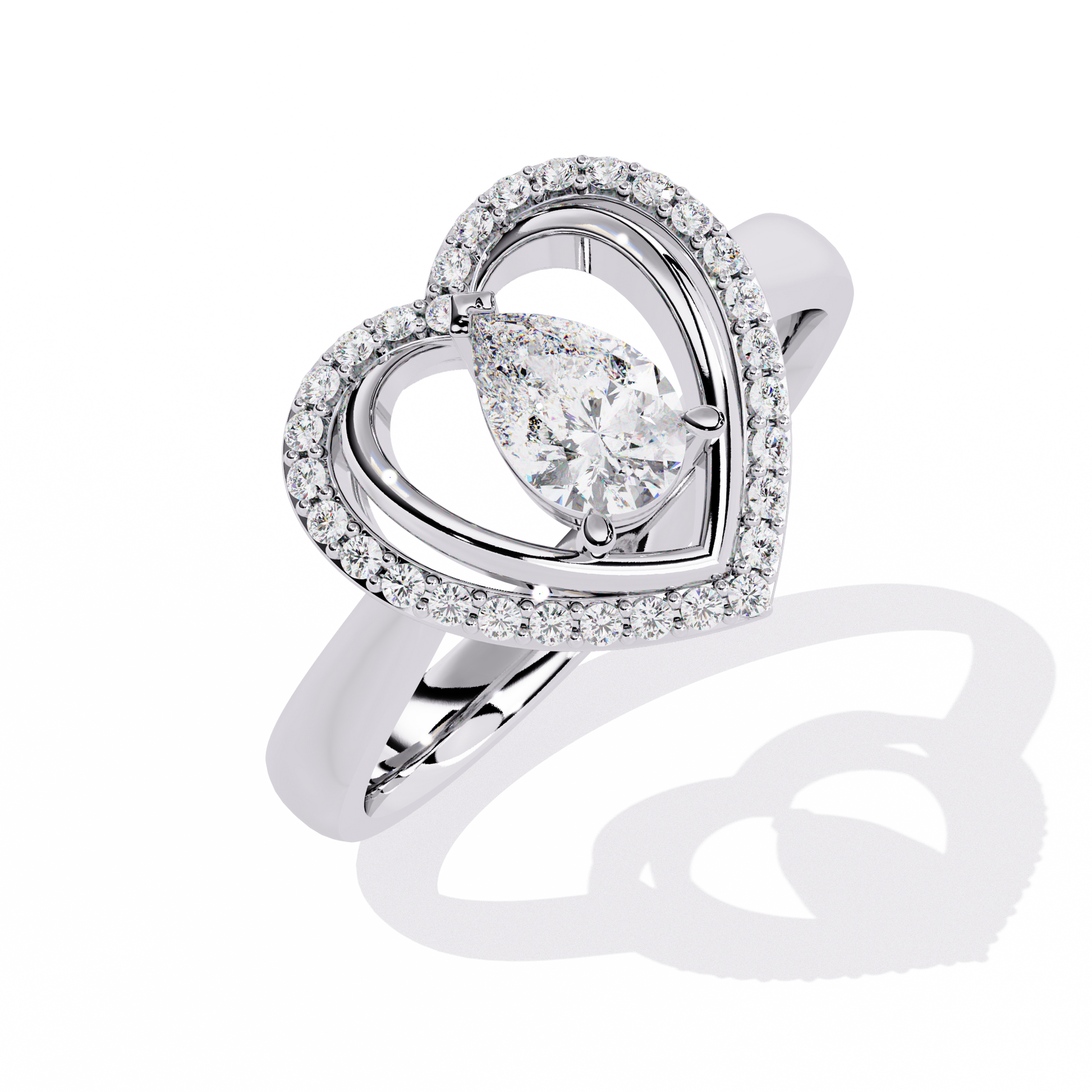 Double heart diamond ring with pear-shaped center diamond and round accents