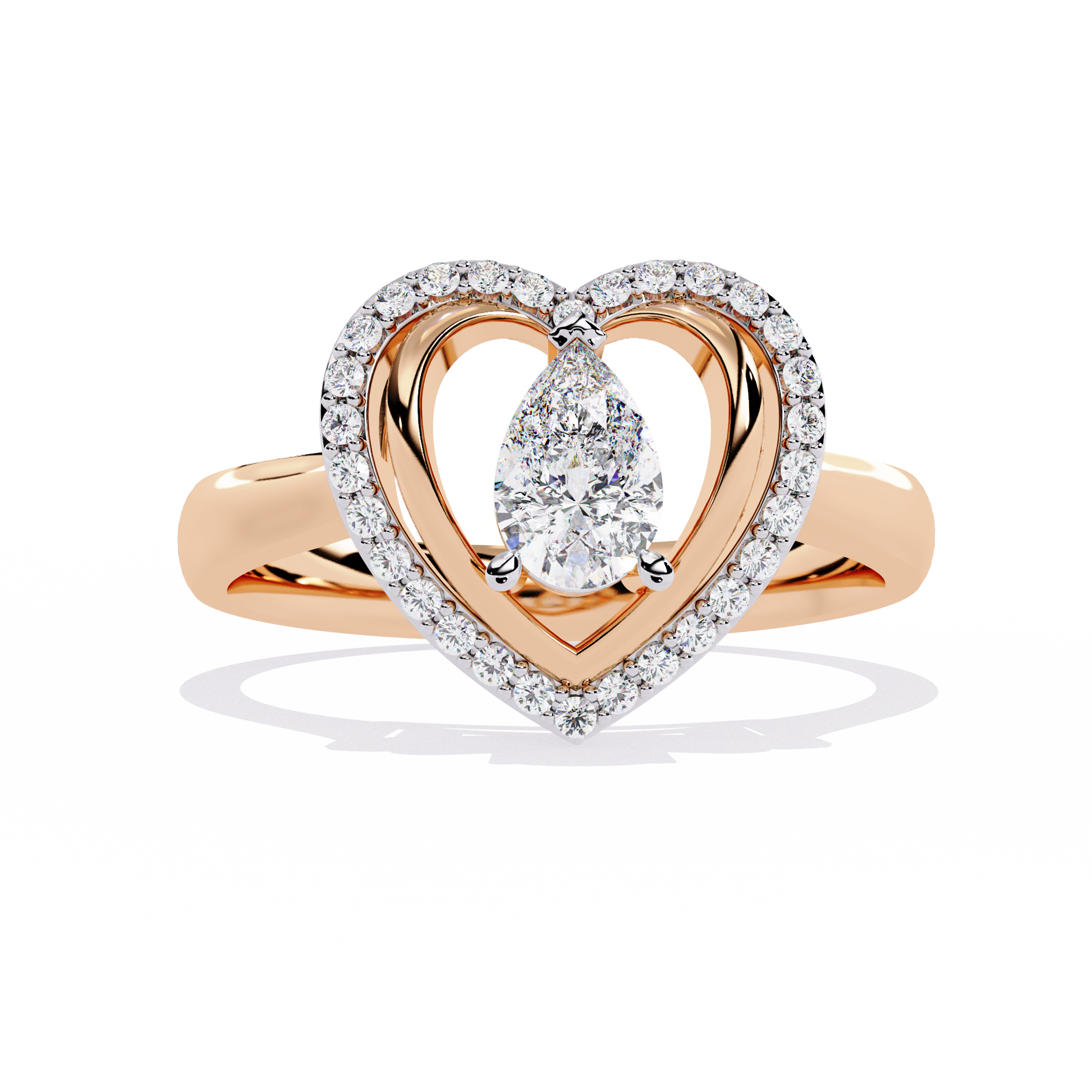 Double heart diamond ring with pear-shaped center diamond and round accents