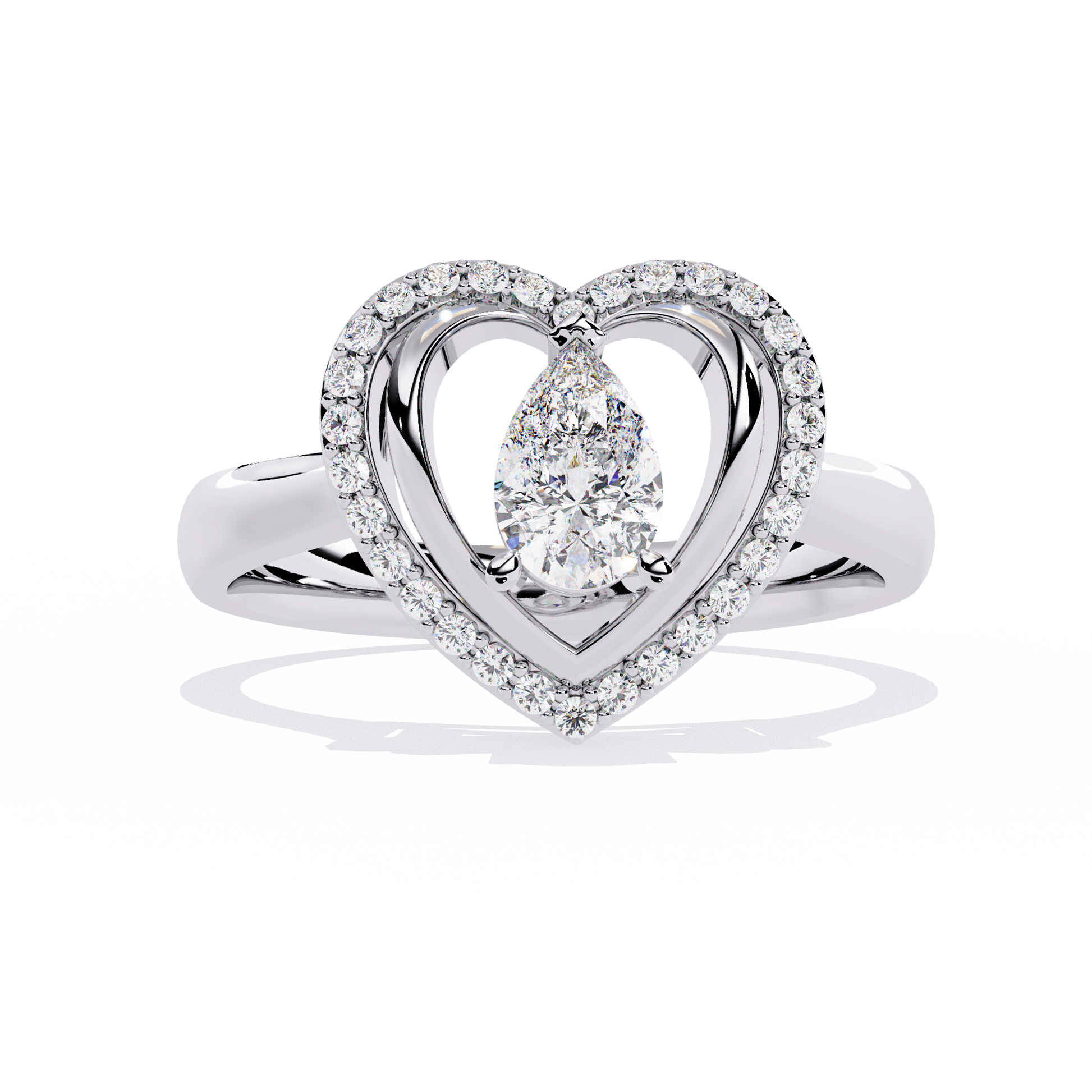 Double heart diamond ring with pear-shaped center diamond and round accents