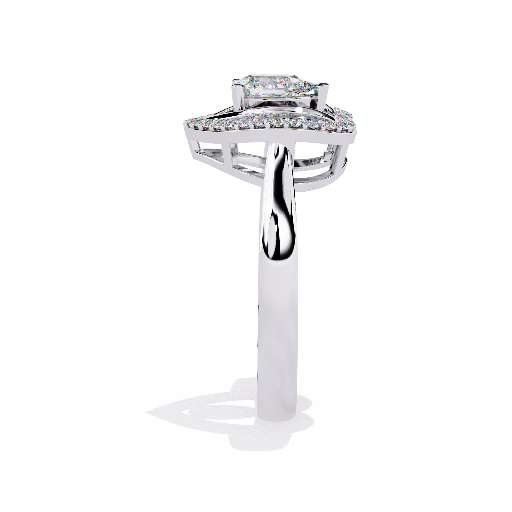 Double heart diamond ring with pear-shaped center diamond and round accents