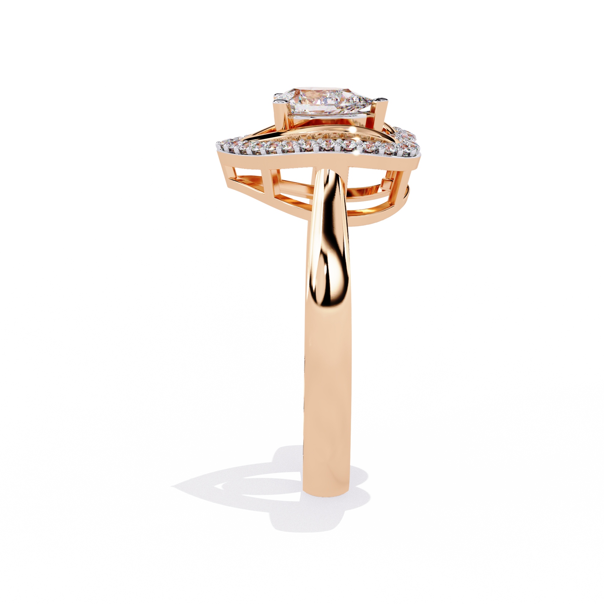 Double heart diamond ring with pear-shaped center diamond and round accents