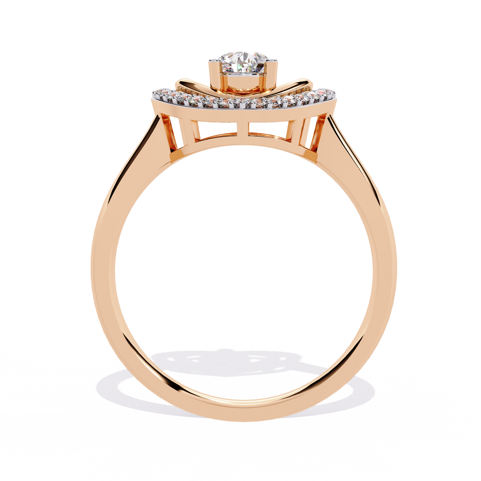 Double heart diamond ring with pear-shaped center diamond and round accents