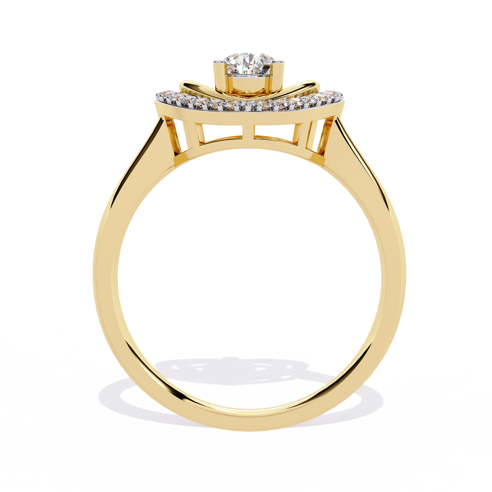 Double heart diamond ring with pear-shaped center diamond and round accents