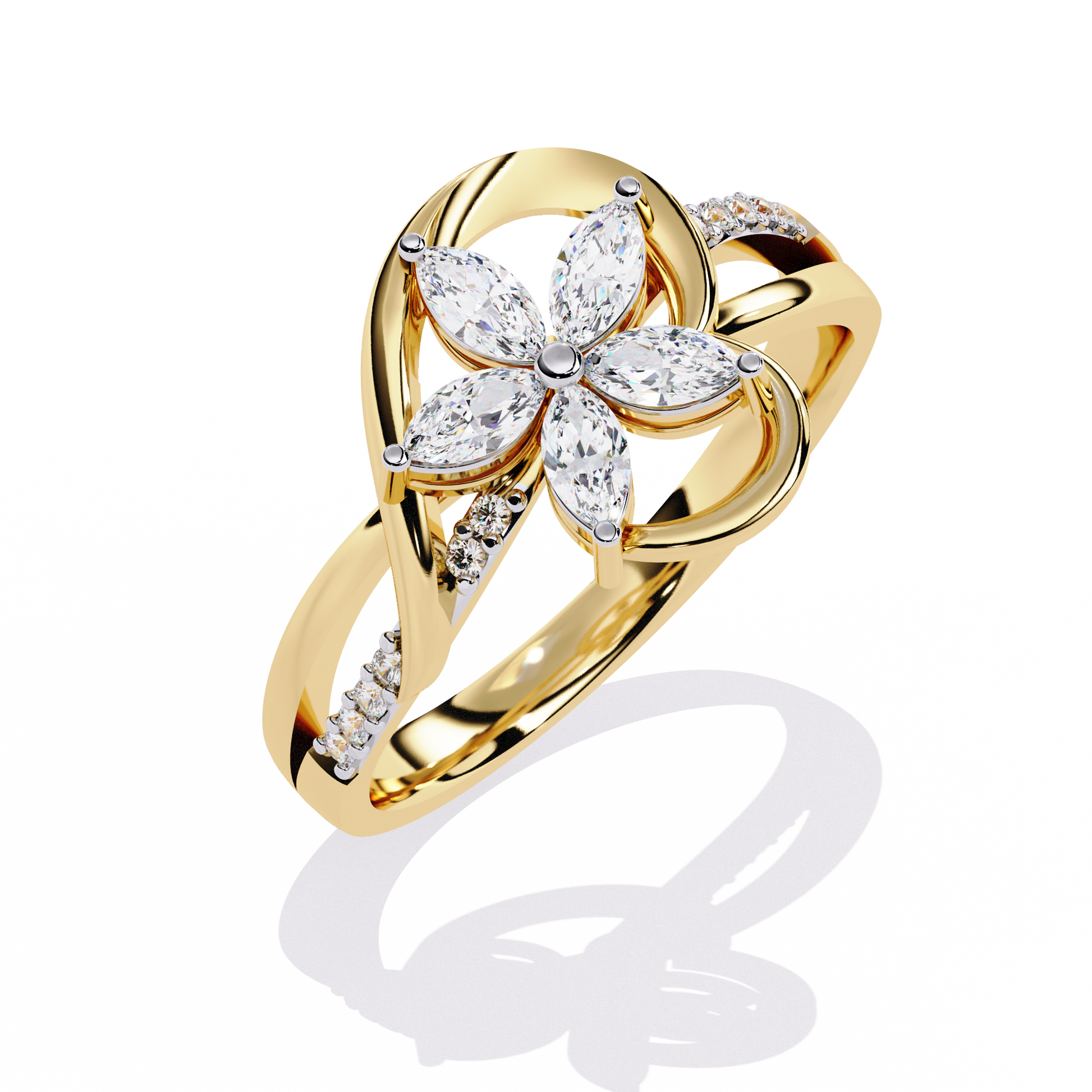 Gold ring with 0.26+0.04 Ct marquise and round diamonds in floral design