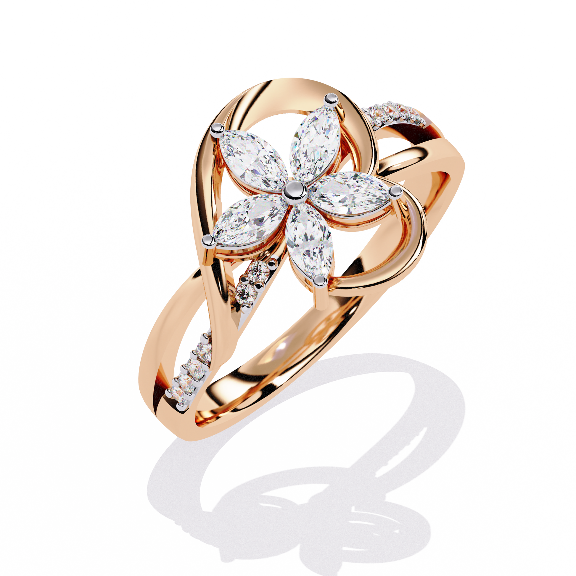 Gold ring with 0.26+0.04 Ct marquise and round diamonds in floral design