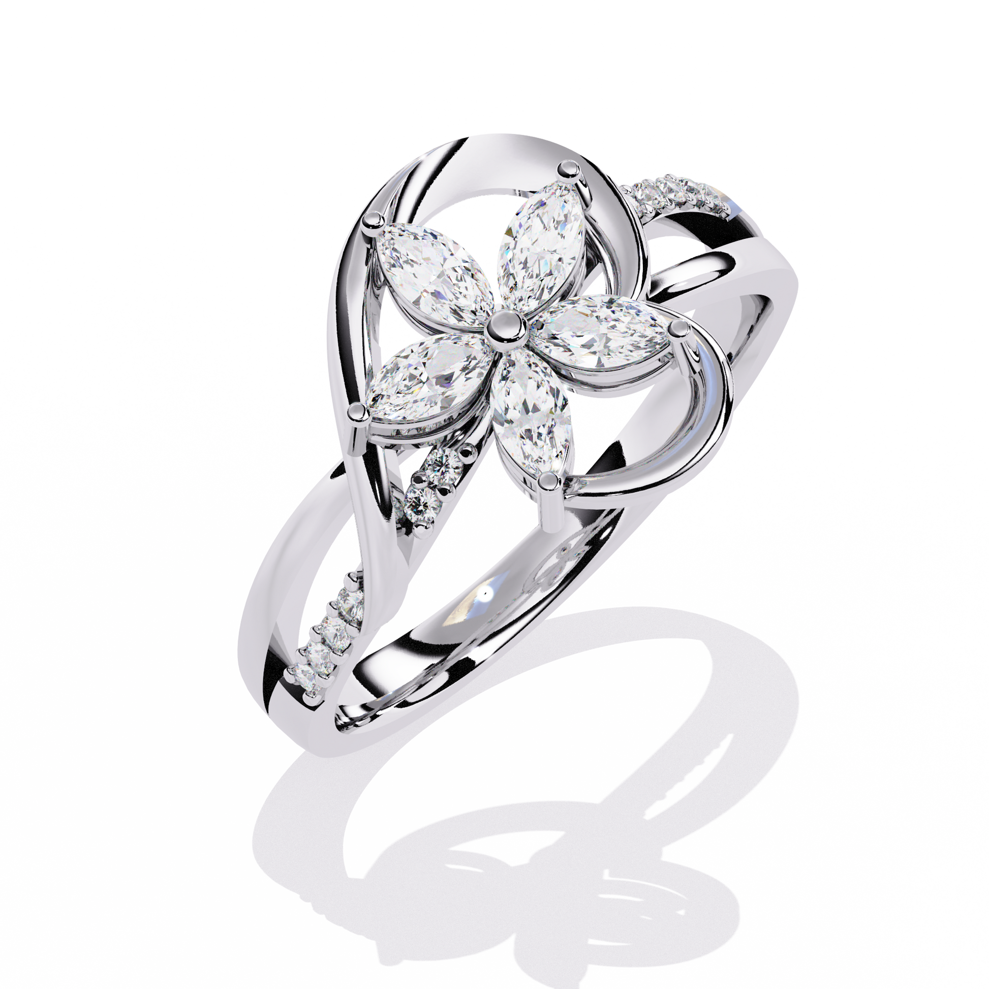 Gold ring with 0.26+0.04 Ct marquise and round diamonds in floral design