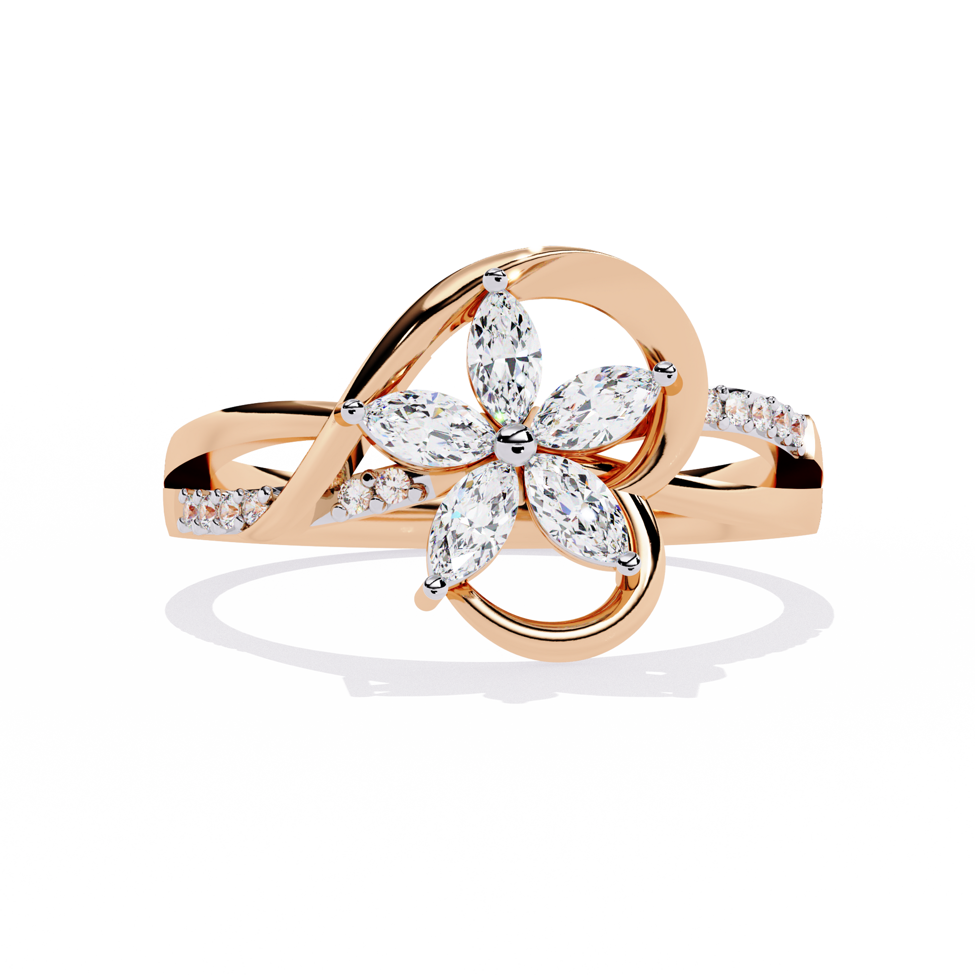 Gold ring with 0.26+0.04 Ct marquise and round diamonds in floral design