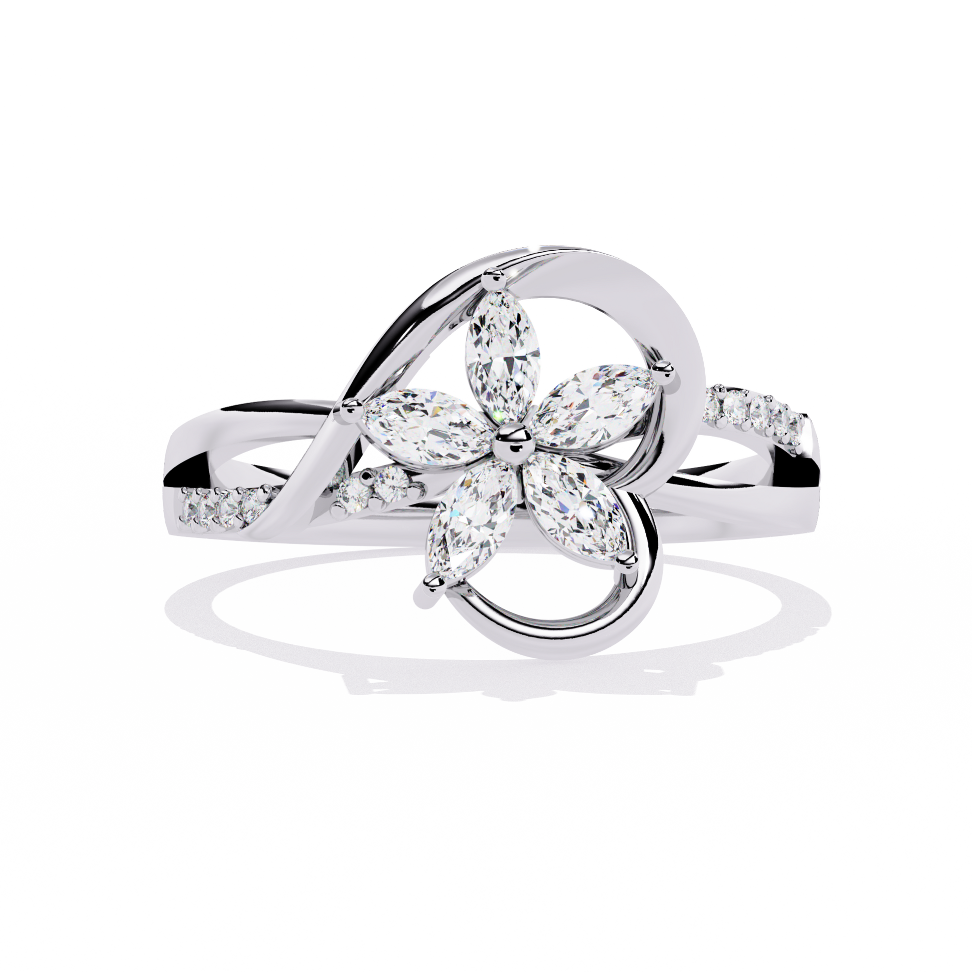 Gold ring with 0.26+0.04 Ct marquise and round diamonds in floral design