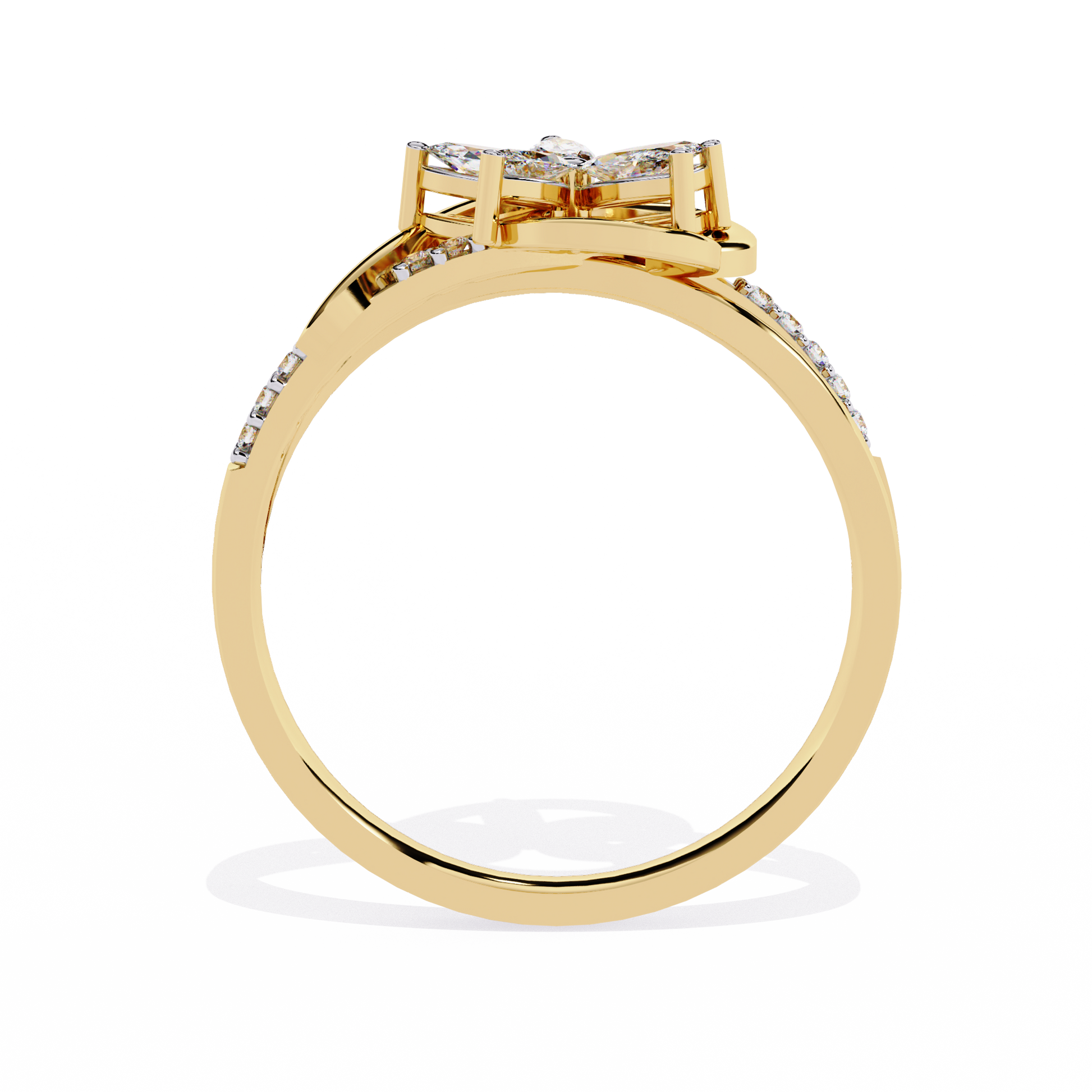 Gold ring with 0.26+0.04 Ct marquise and round diamonds in floral design
