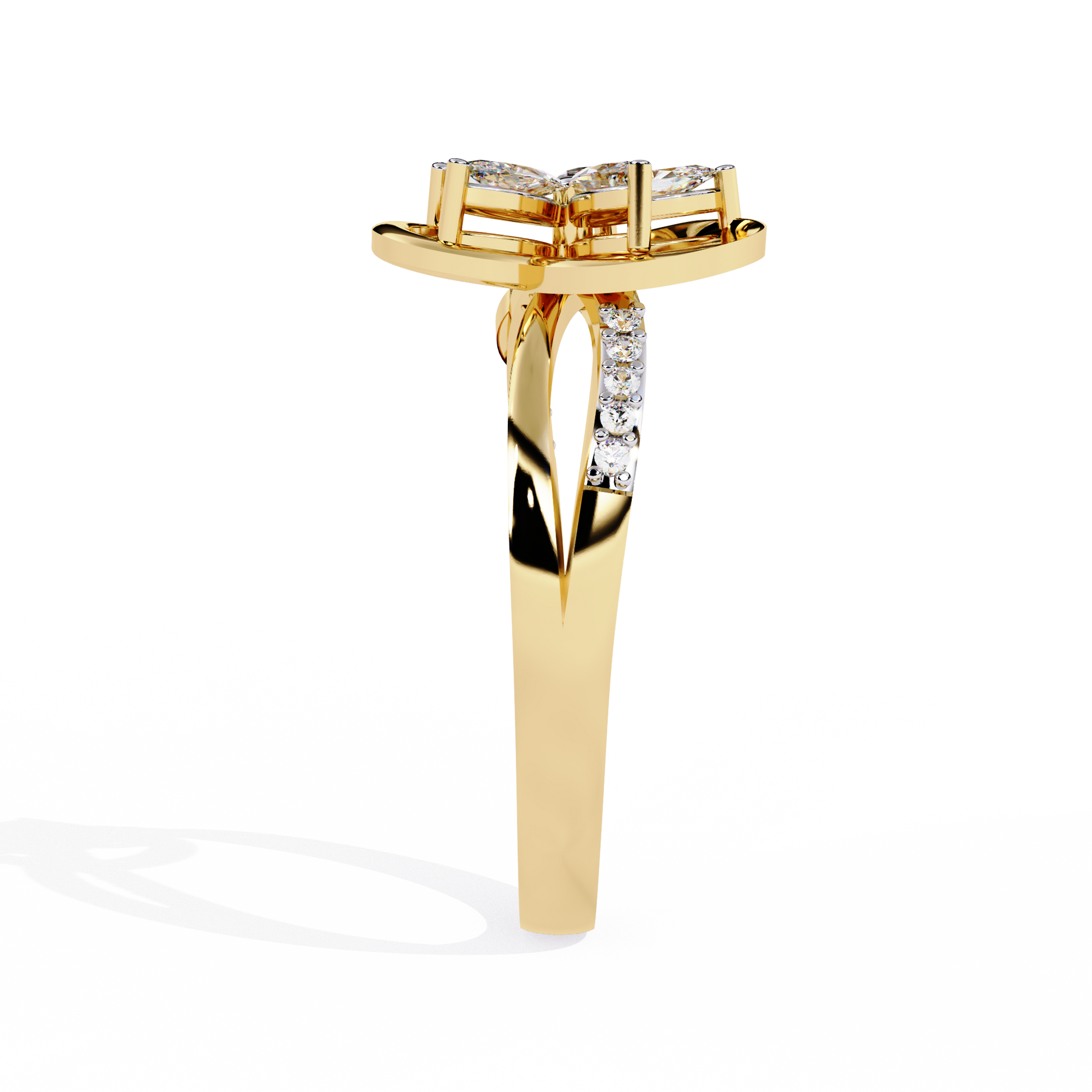 Gold ring with 0.26+0.04 Ct marquise and round diamonds in floral design