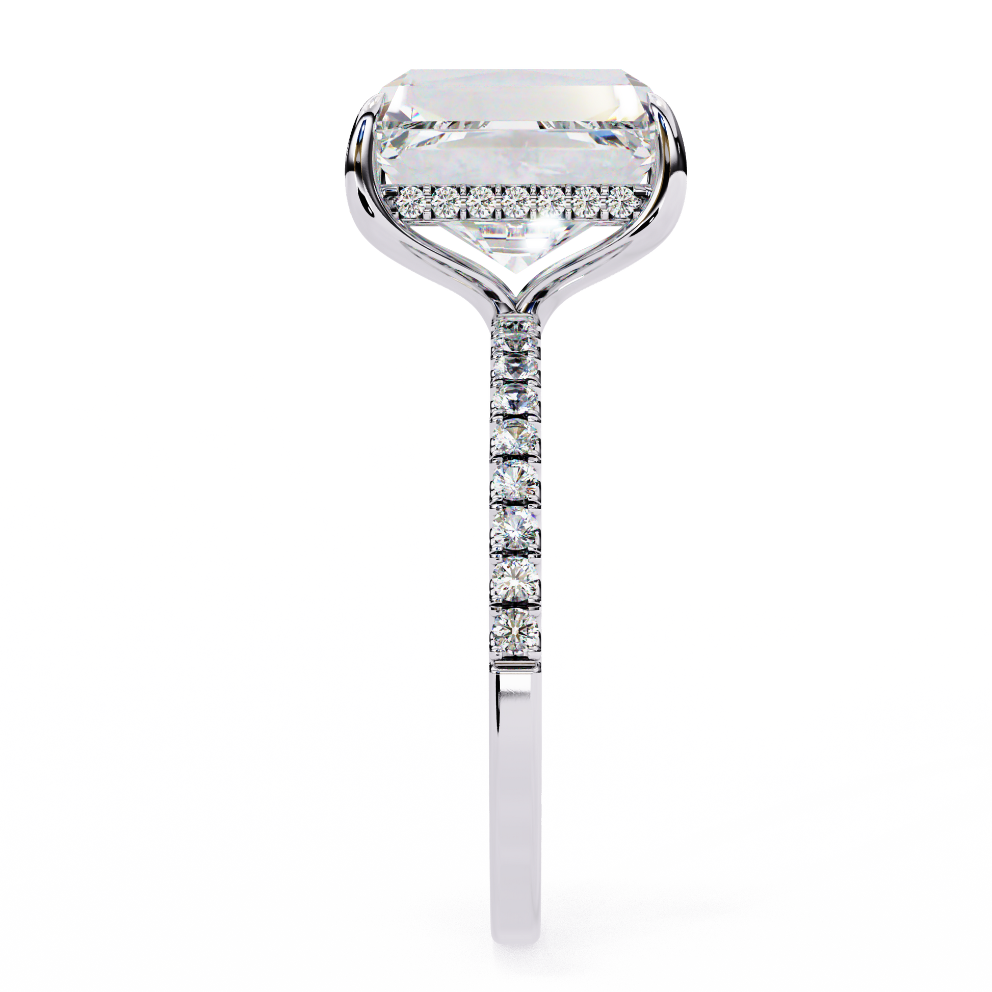 Elegant Emerald Cut Diamond Ring – Center with Halo and Band Accents in Gold