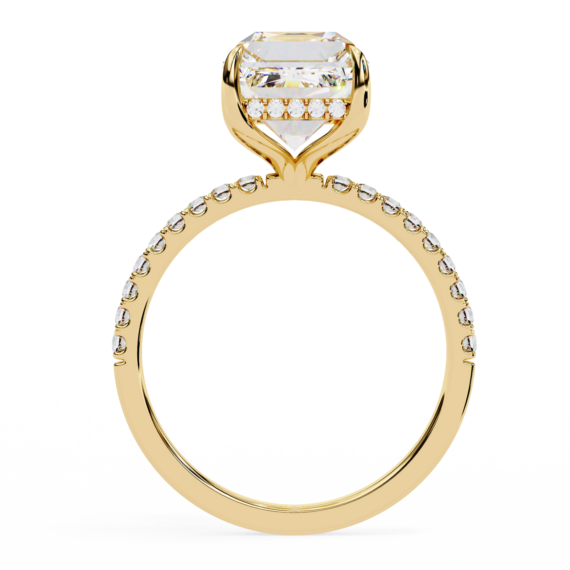 Elegant Emerald Cut Diamond Ring – Center with Halo and Band Accents in Gold