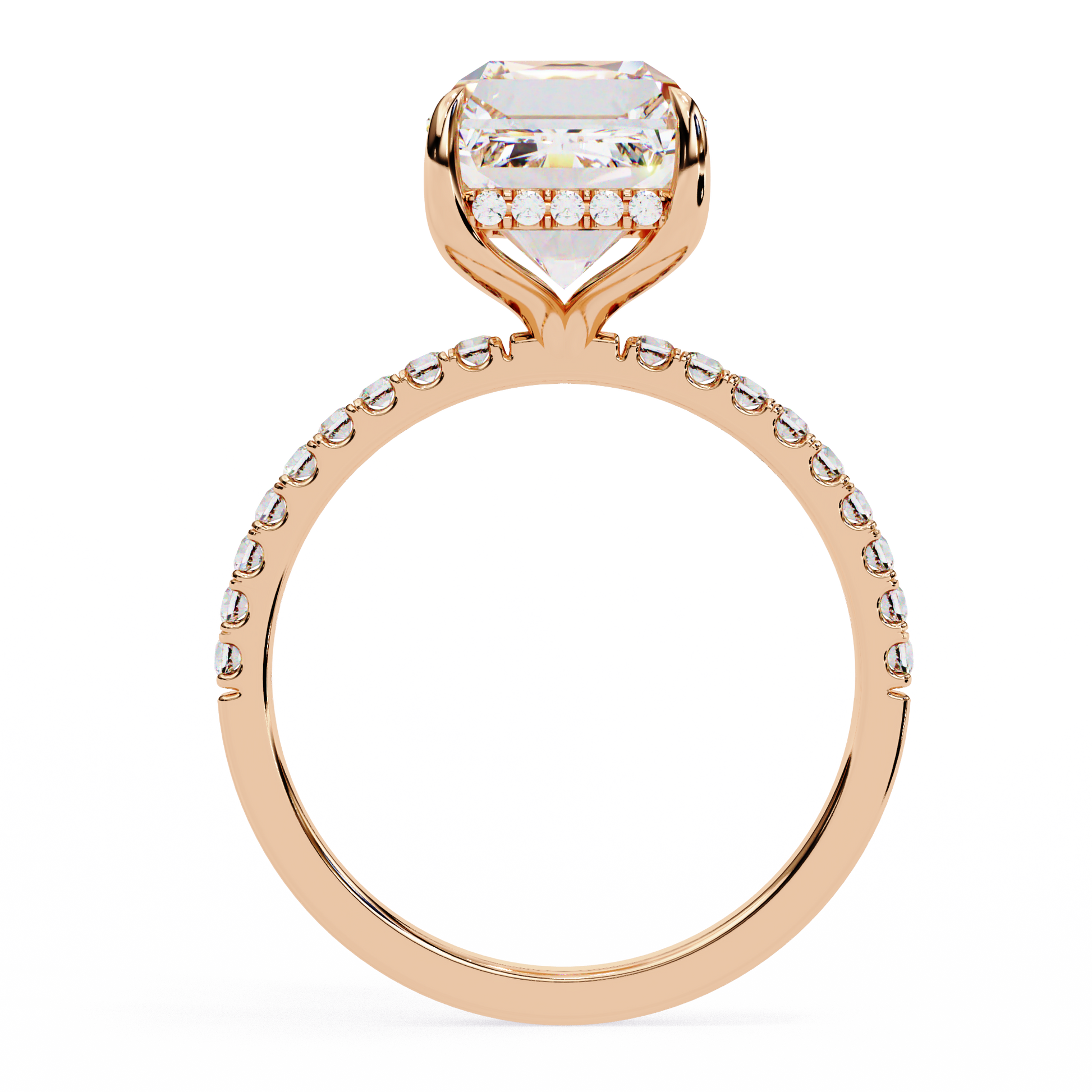 Elegant Emerald Cut Diamond Ring – Center with Halo and Band Accents in Gold