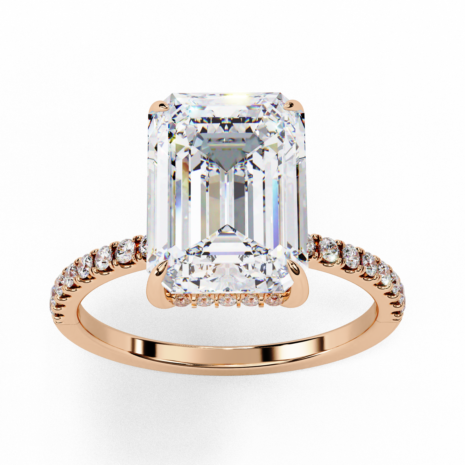 Elegant Emerald Cut Diamond Ring – Center with Halo and Band Accents in Gold