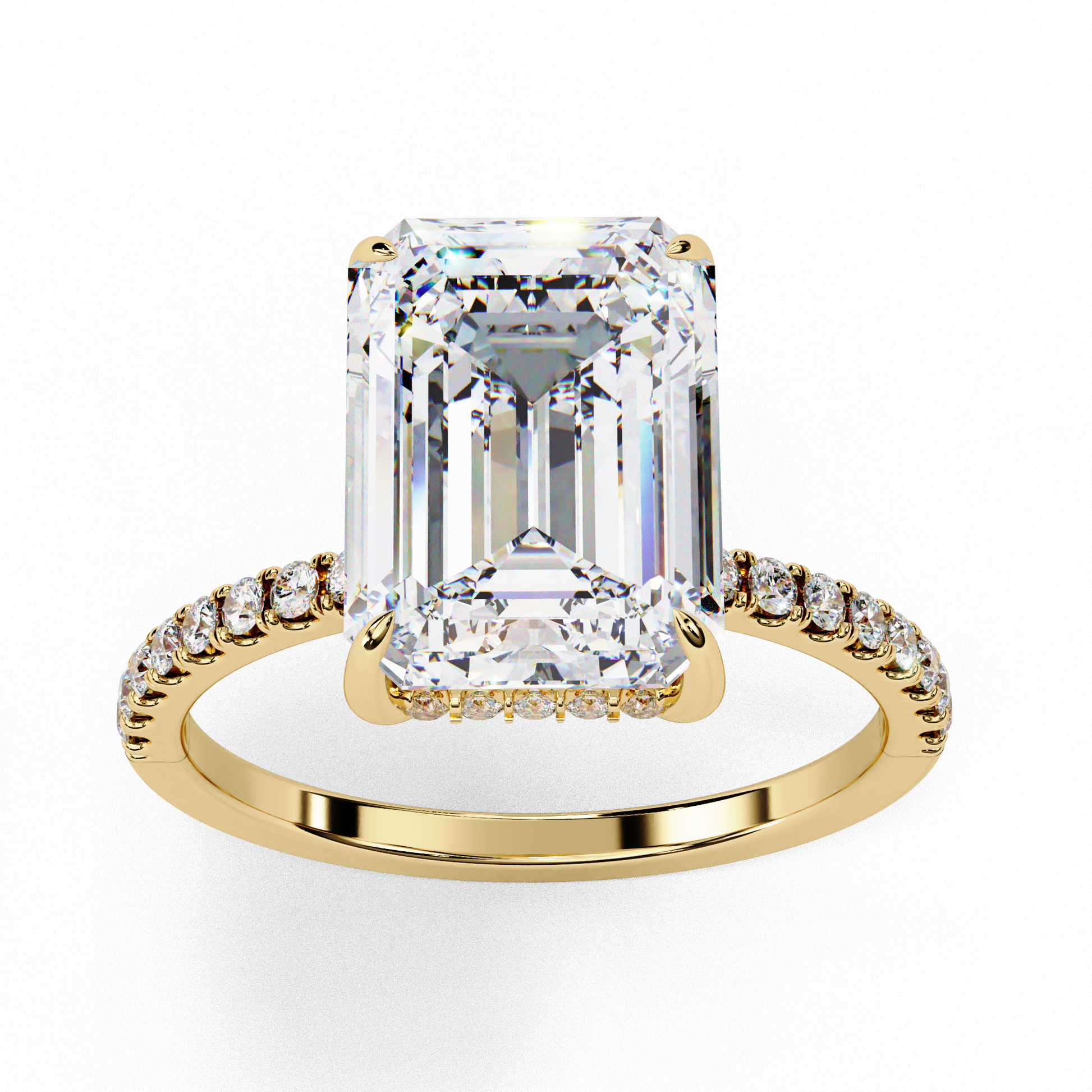 Elegant Emerald Cut Diamond Ring – Center with Halo and Band Accents in Gold