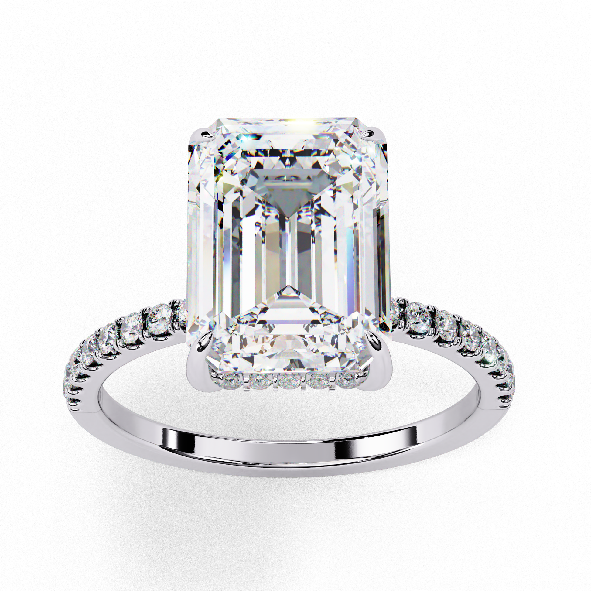 Elegant Emerald Cut Diamond Ring – Center with Halo and Band Accents in Gold