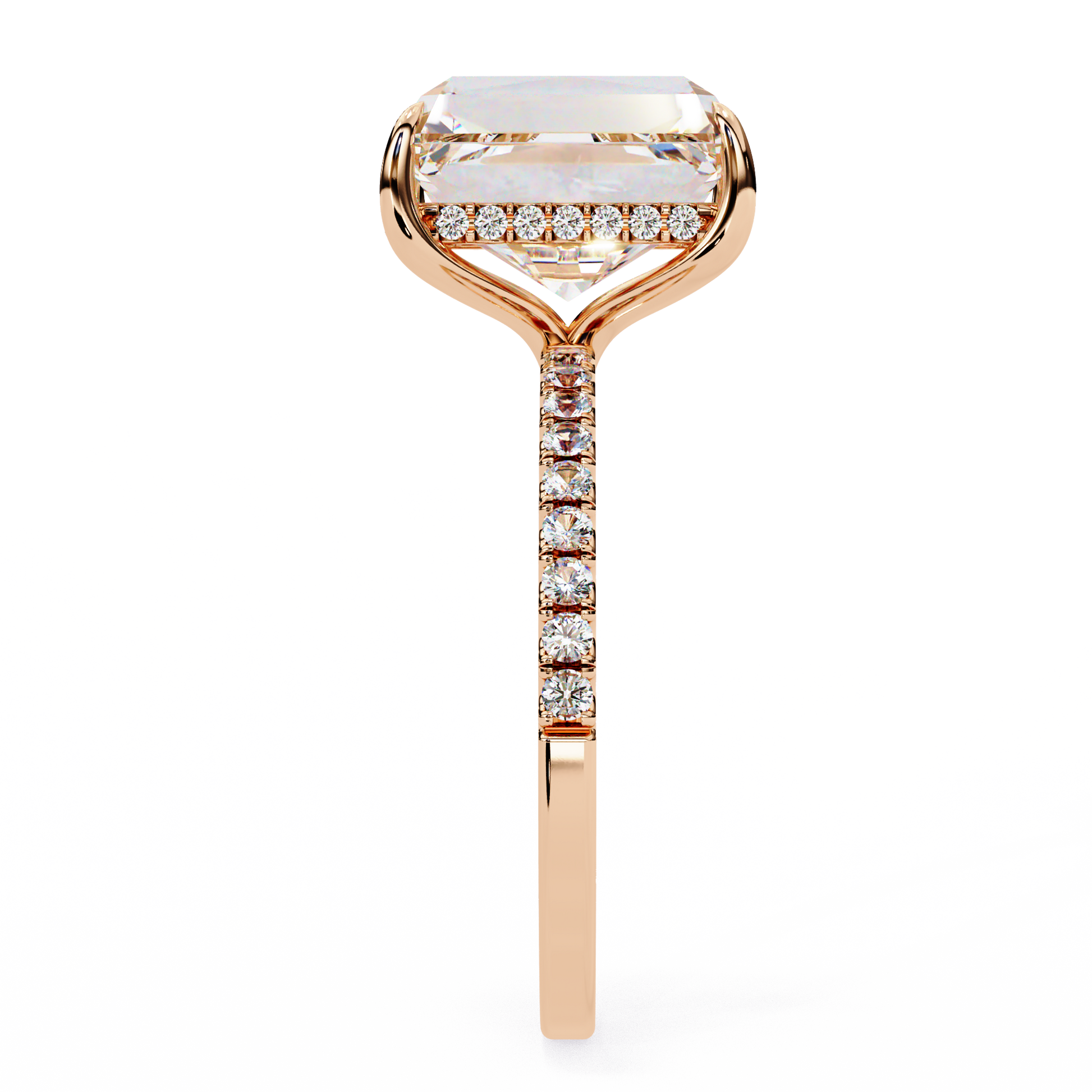 Elegant Emerald Cut Diamond Ring – Center with Halo and Band Accents in Gold