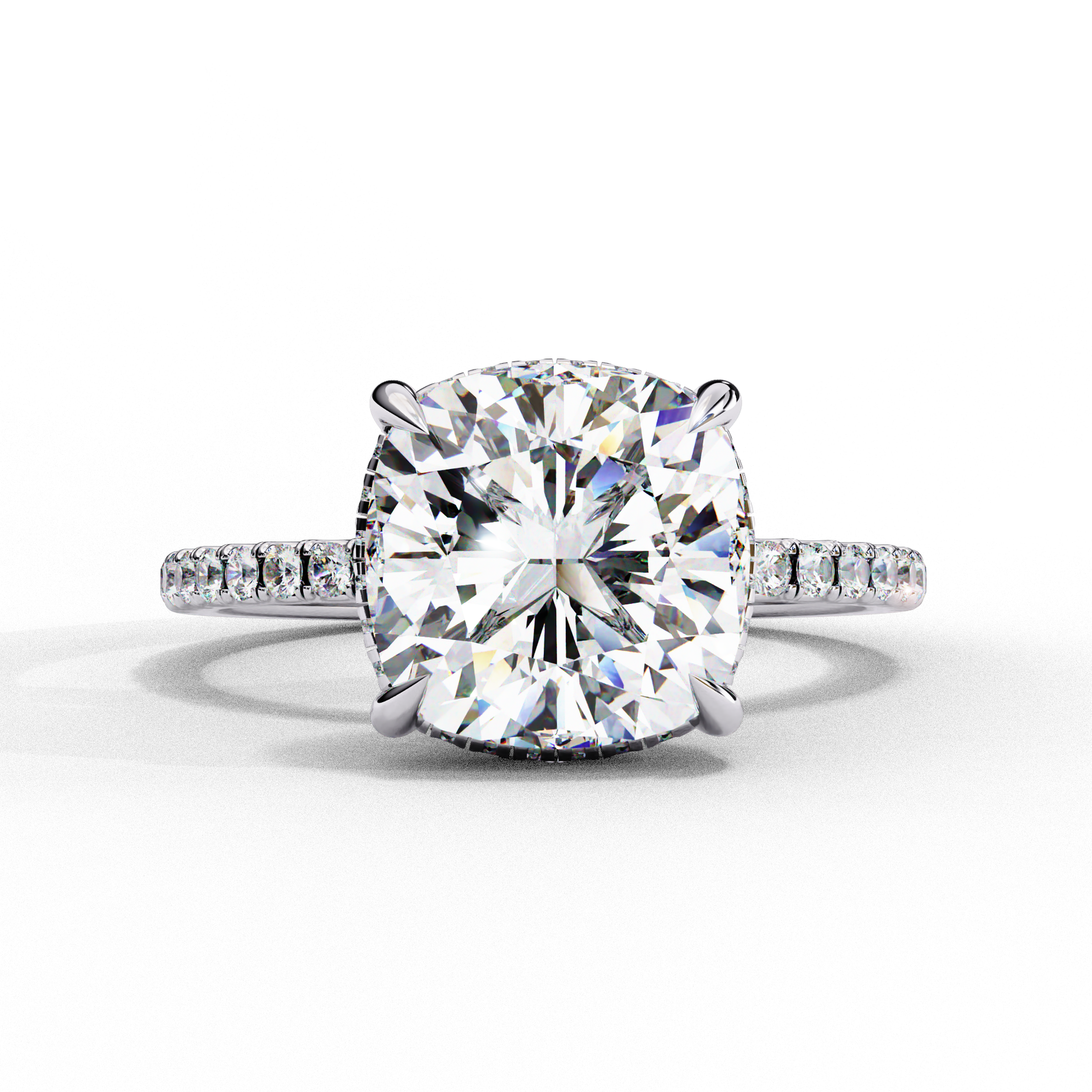Elegant Cushion Cut Diamond Ring – with Hidden Halo and Diamond-Studded Band