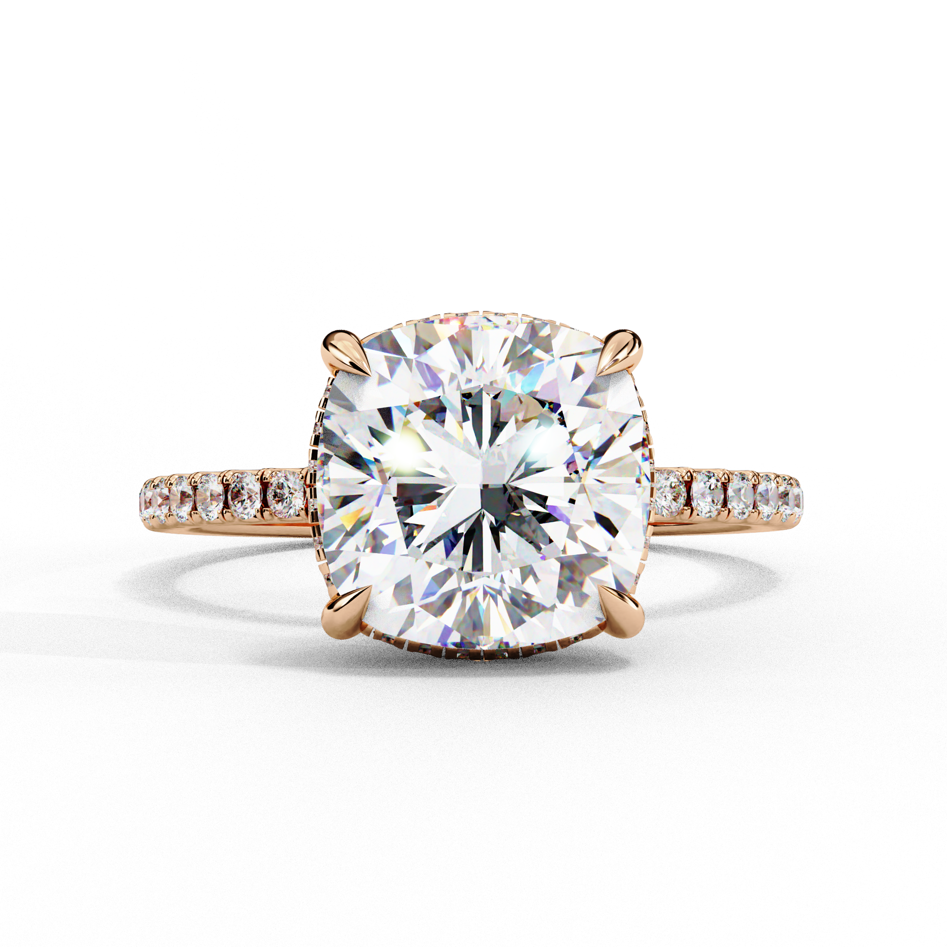 Elegant Cushion Cut Diamond Ring – with Hidden Halo and Diamond-Studded Band