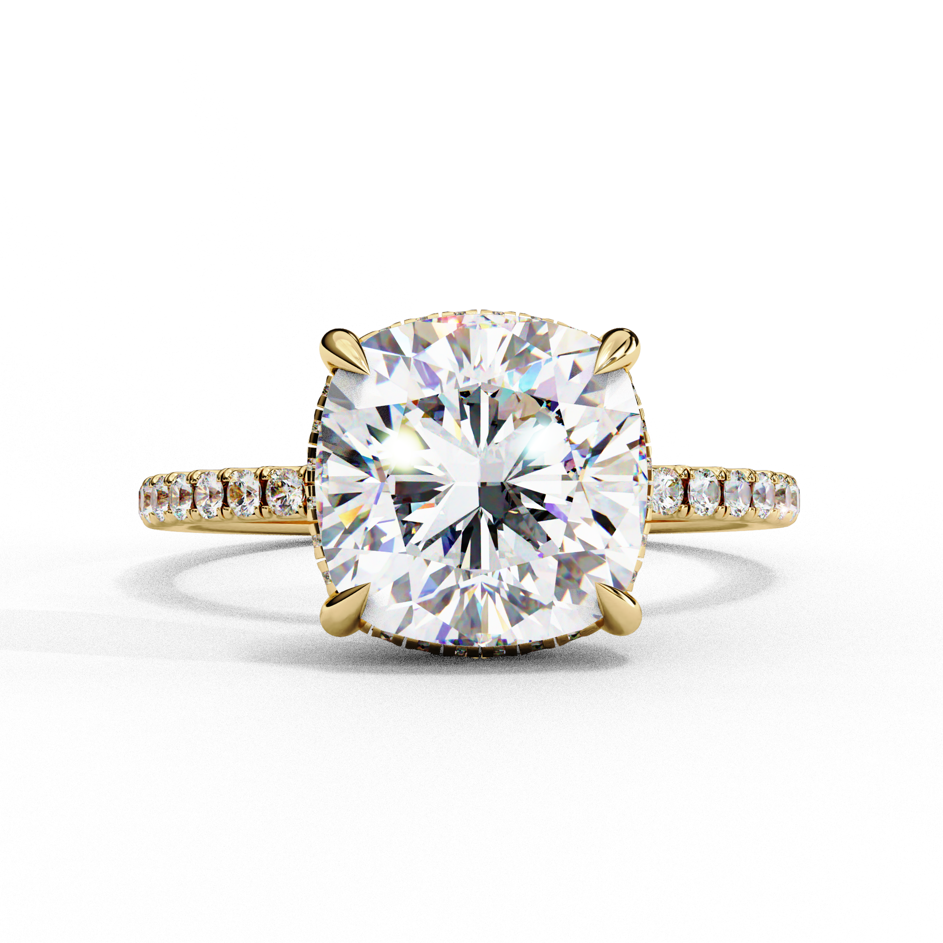 Elegant Cushion Cut Diamond Ring – with Hidden Halo and Diamond-Studded Band