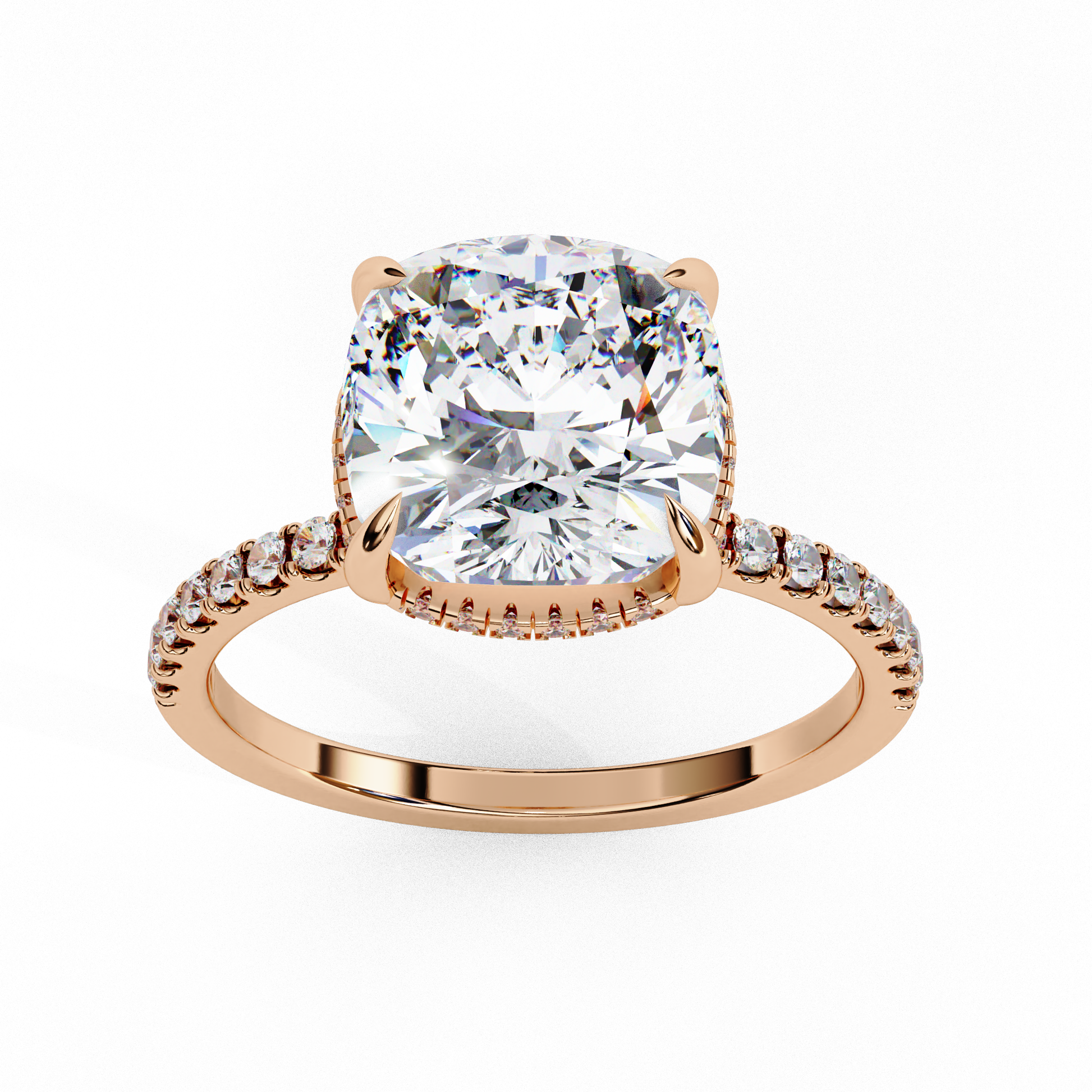 Elegant Cushion Cut Diamond Ring – with Hidden Halo and Diamond-Studded Band
