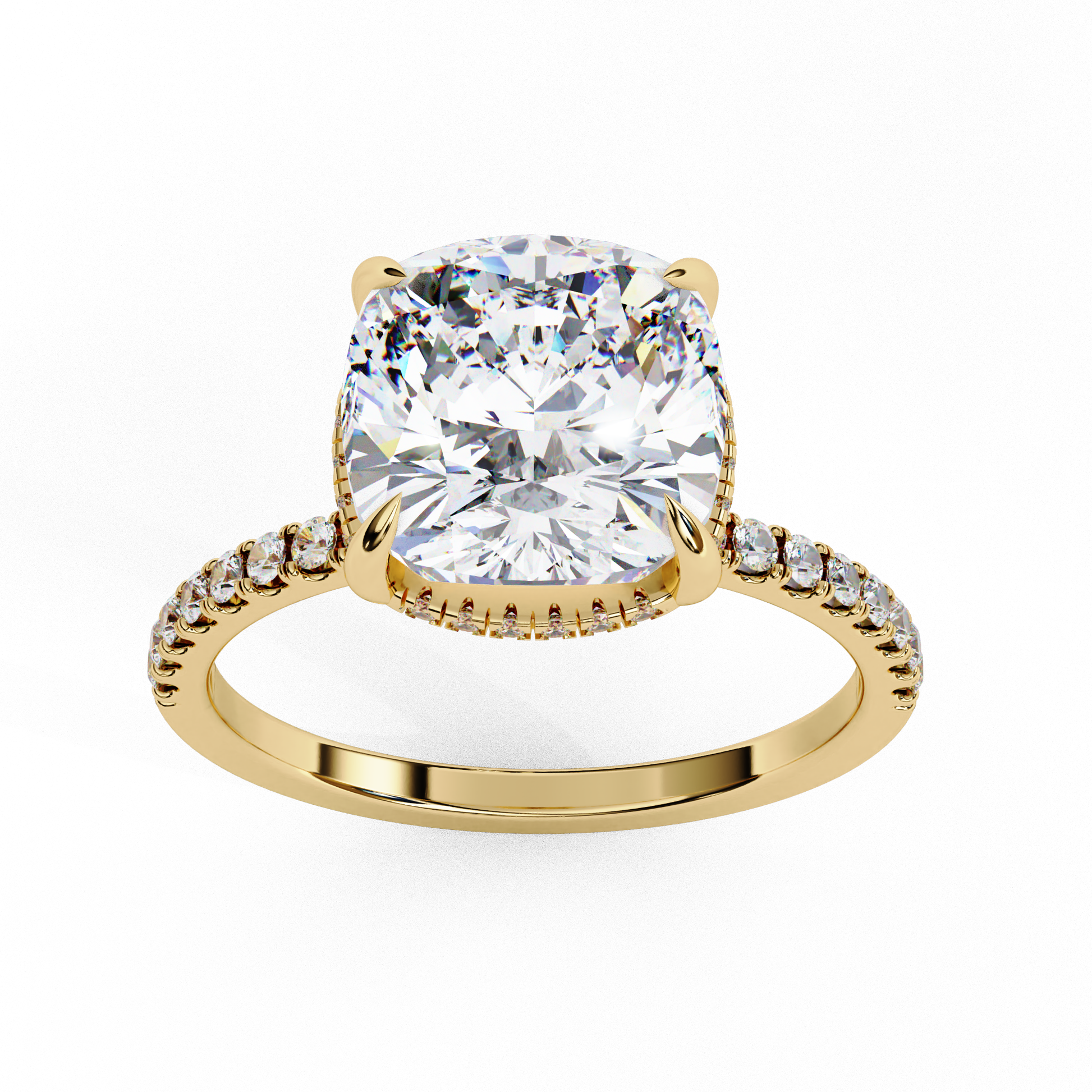 Elegant Cushion Cut Diamond Ring – with Hidden Halo and Diamond-Studded Band