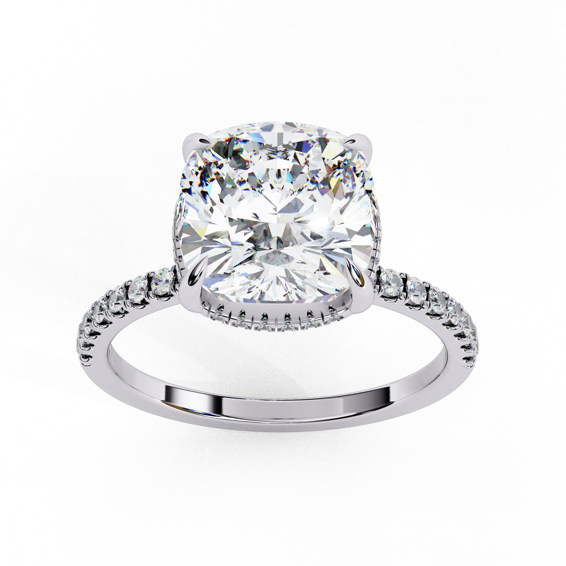 Elegant Cushion Cut Diamond Ring – with Hidden Halo and Diamond-Studded Band