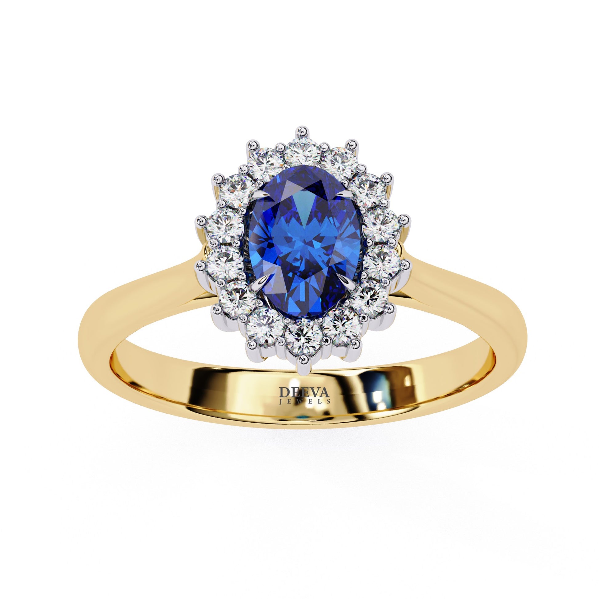 Elegant Oval Blue Sapphire and Lab Grown Diamond Halo Ring – Timeless Beauty in Gold