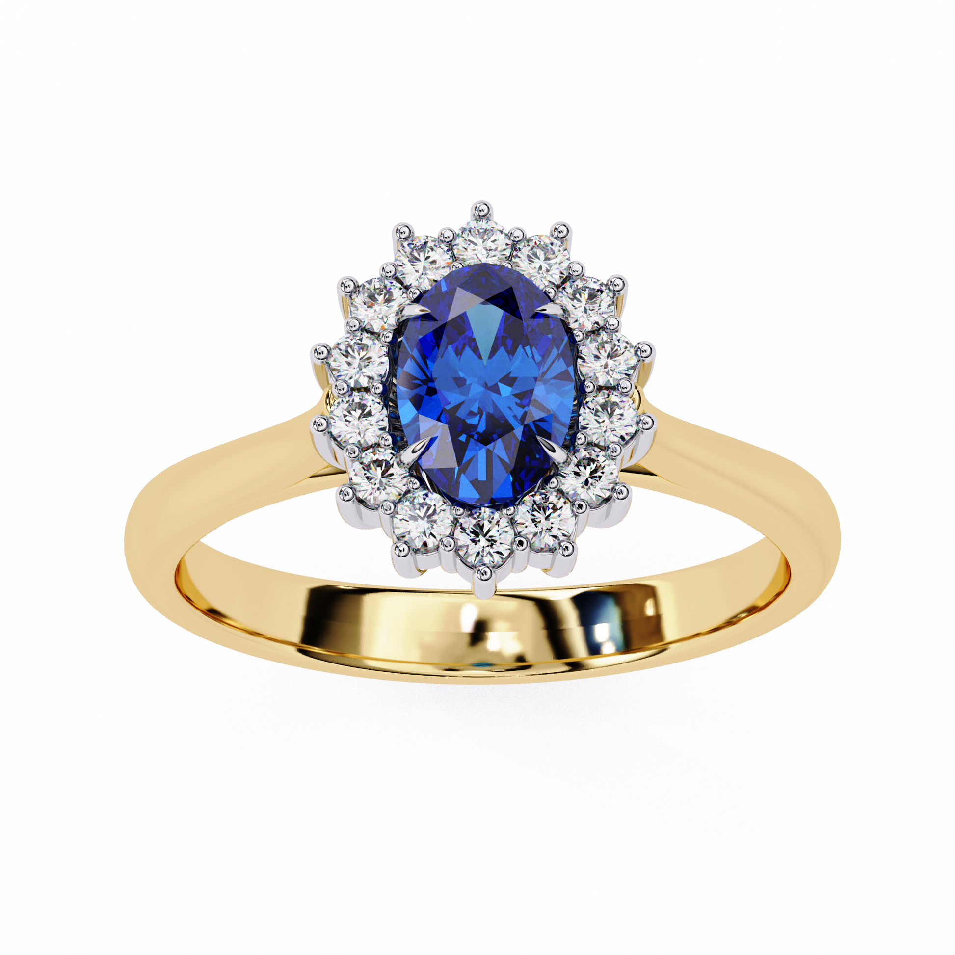Elegant Oval Blue Sapphire and Lab Grown Diamond Halo Ring – Timeless Beauty in Gold
