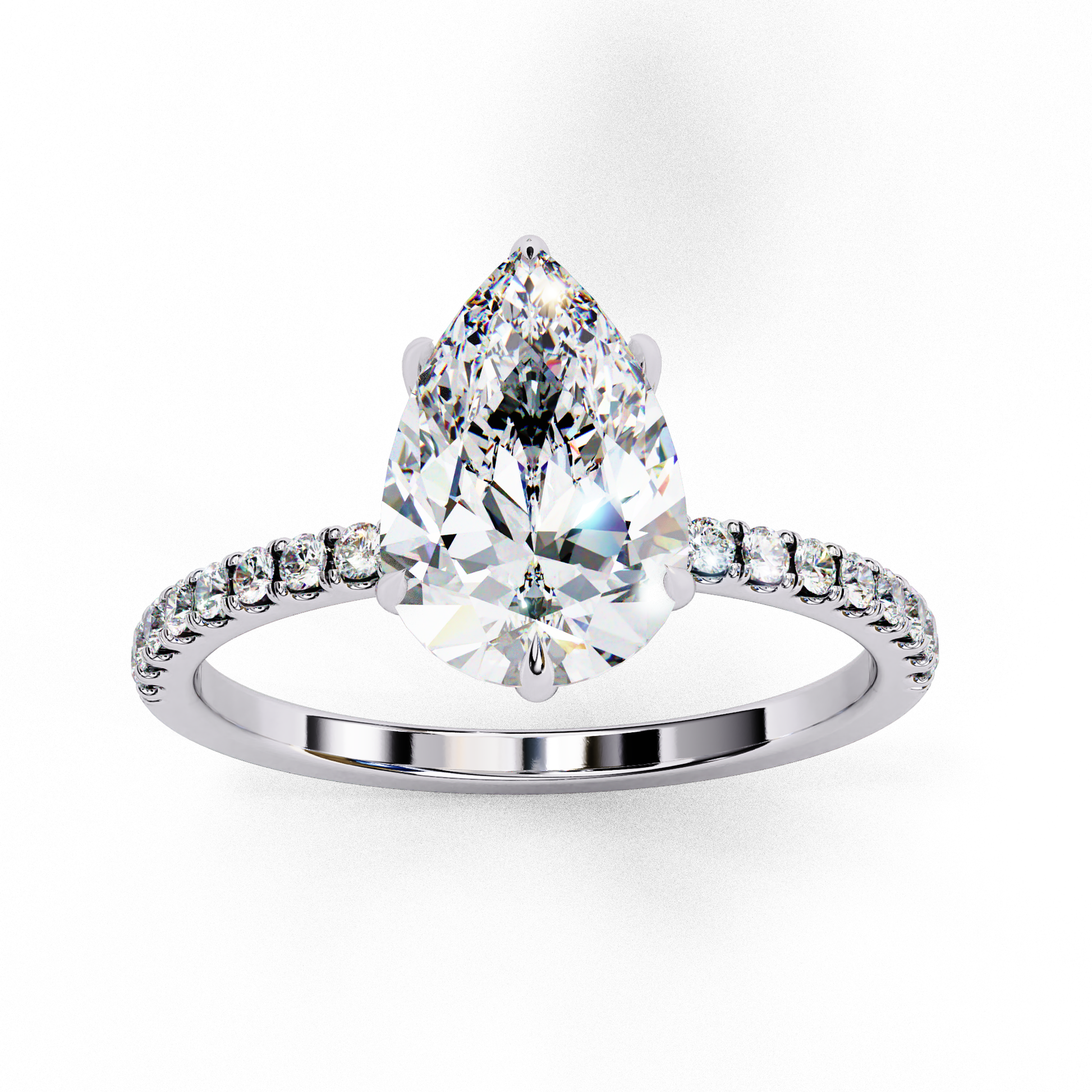Unique Pear Cut Diamond Ring – with Hidden Halo and Diamond Band in Gold