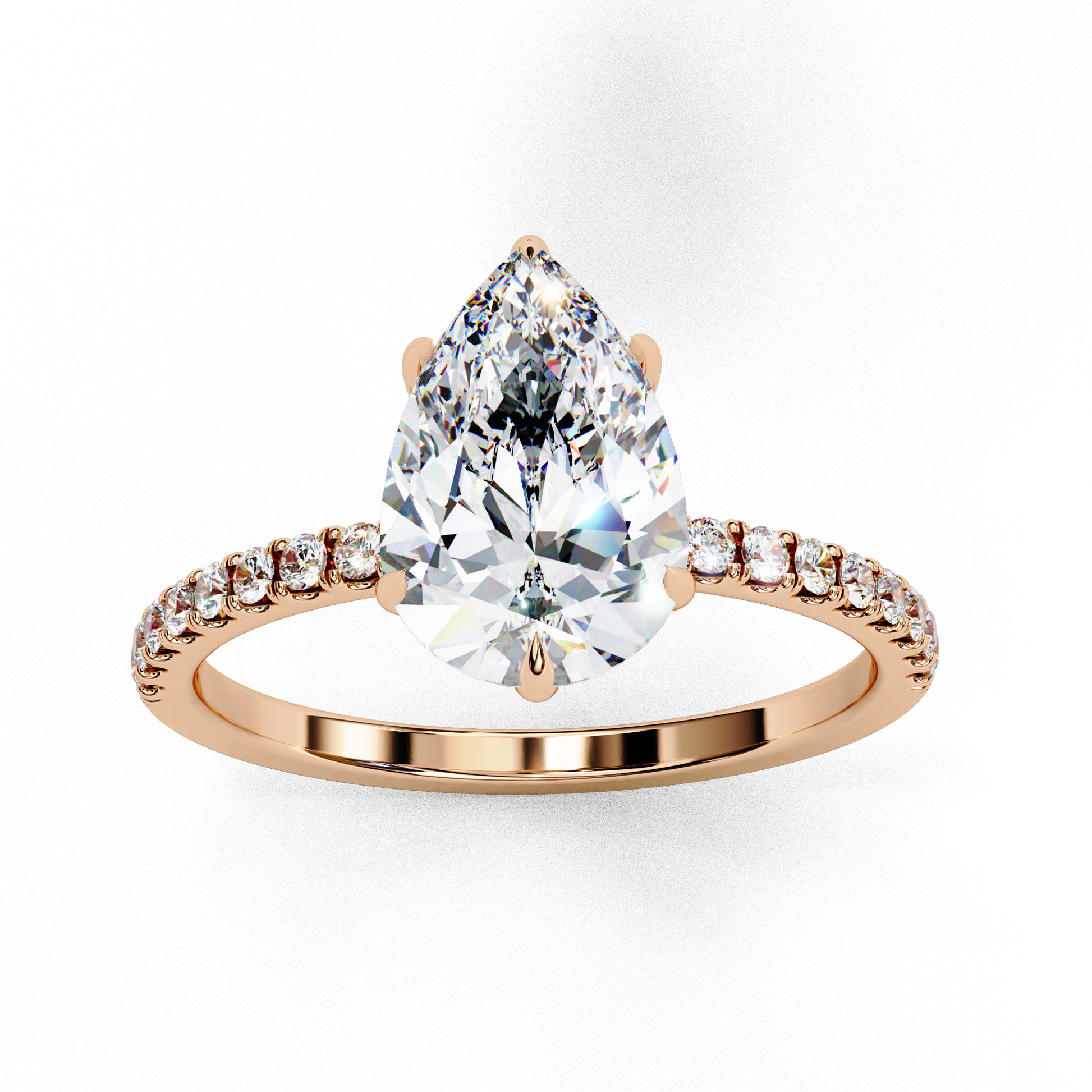Unique Pear Cut Diamond Ring – with Hidden Halo and Diamond Band in Gold
