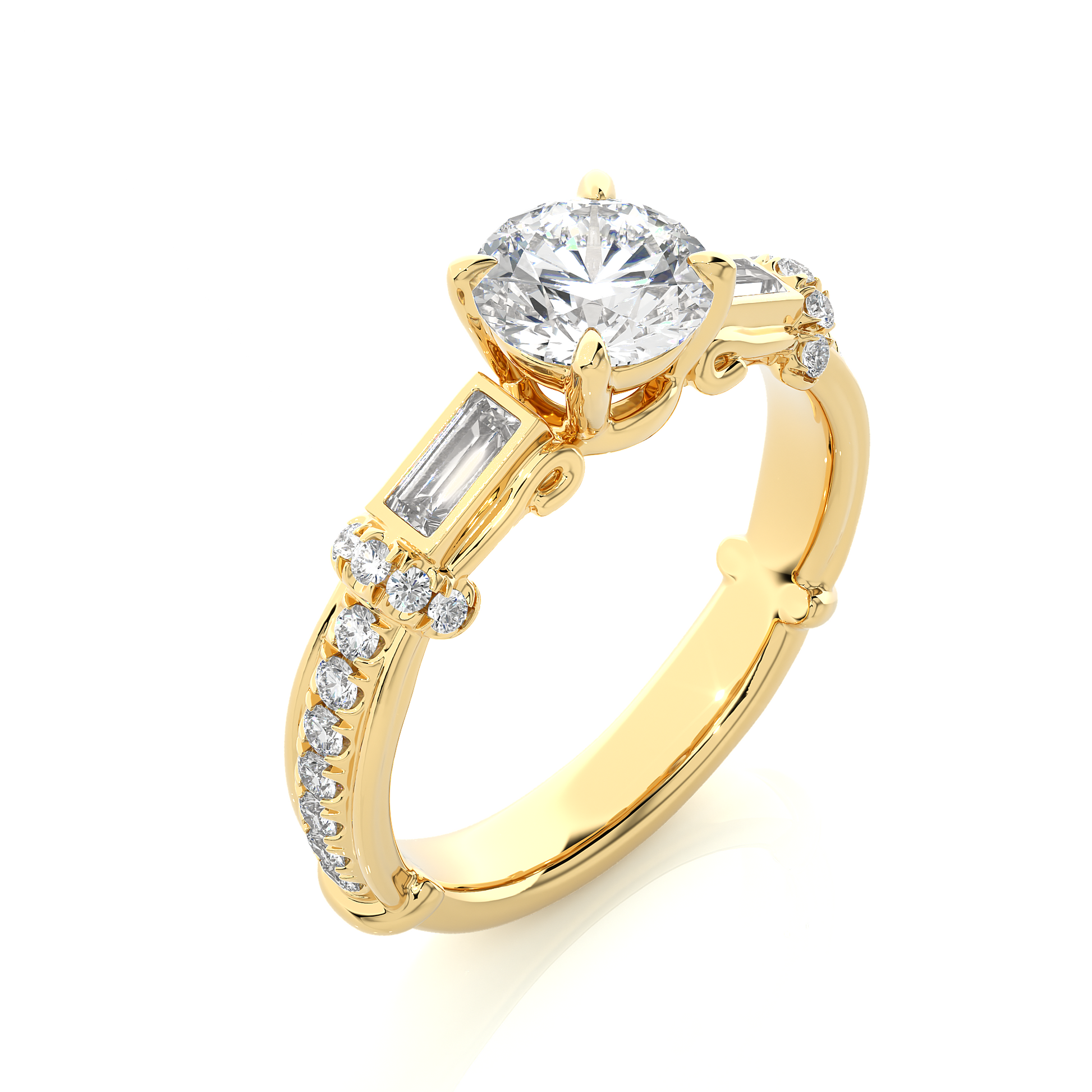 0.22+1+0.30 Ct Baguette + Round + Round Diamond Ring