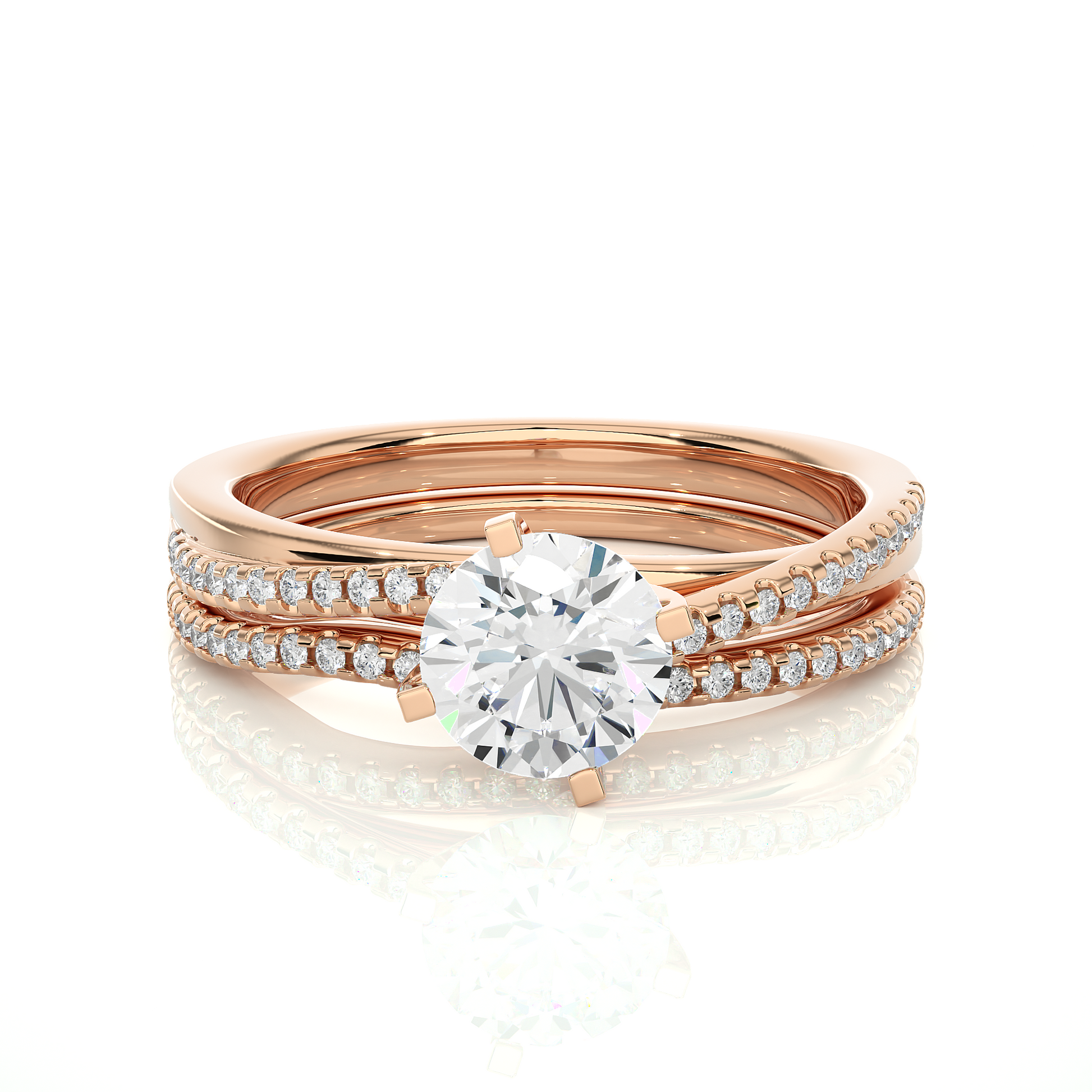 Round Diamond Ring – Solitaire Diamond with Two Diamond Chains Wrapped Around Thick Ring