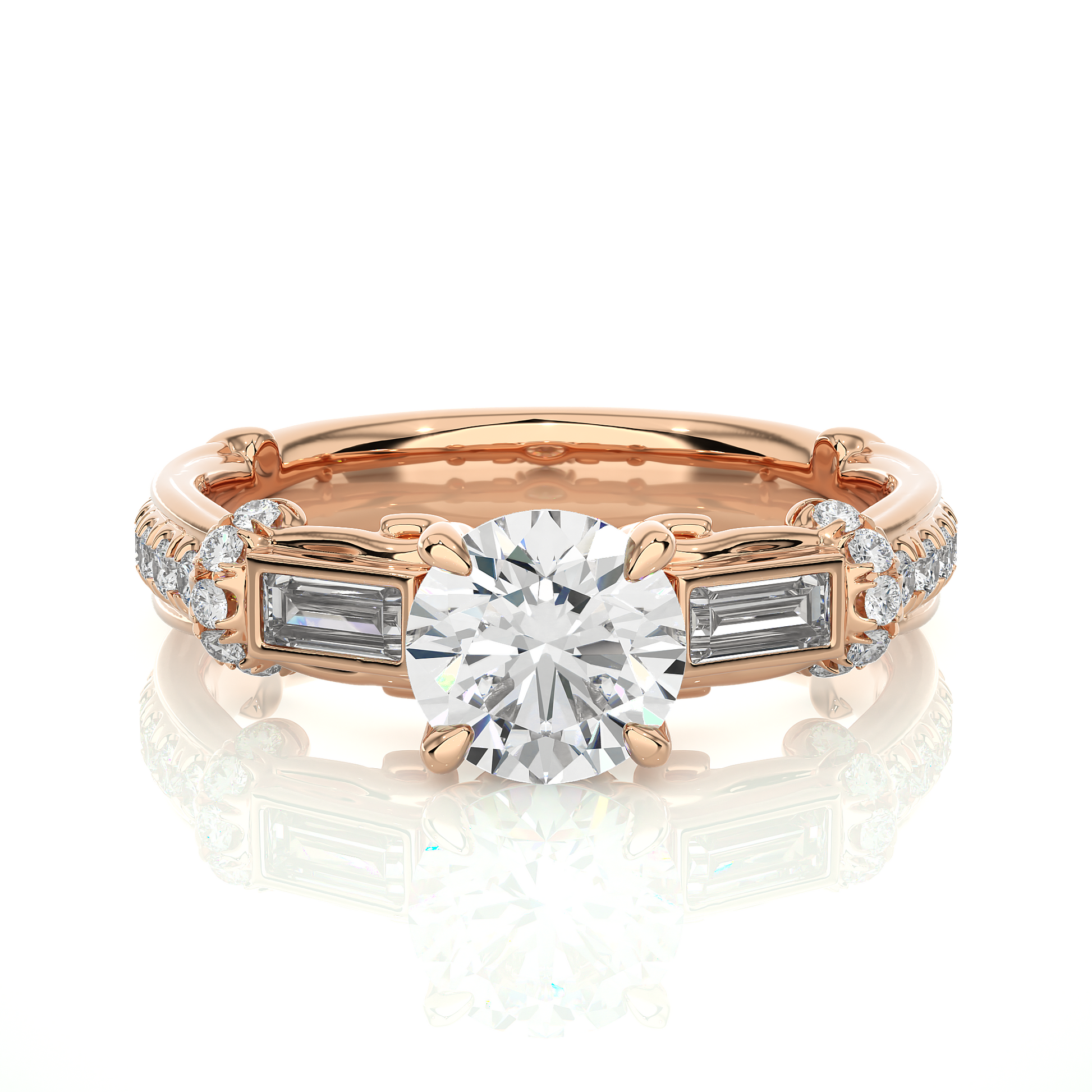 0.22+1+0.30 Ct Baguette + Round + Round Diamond Ring
