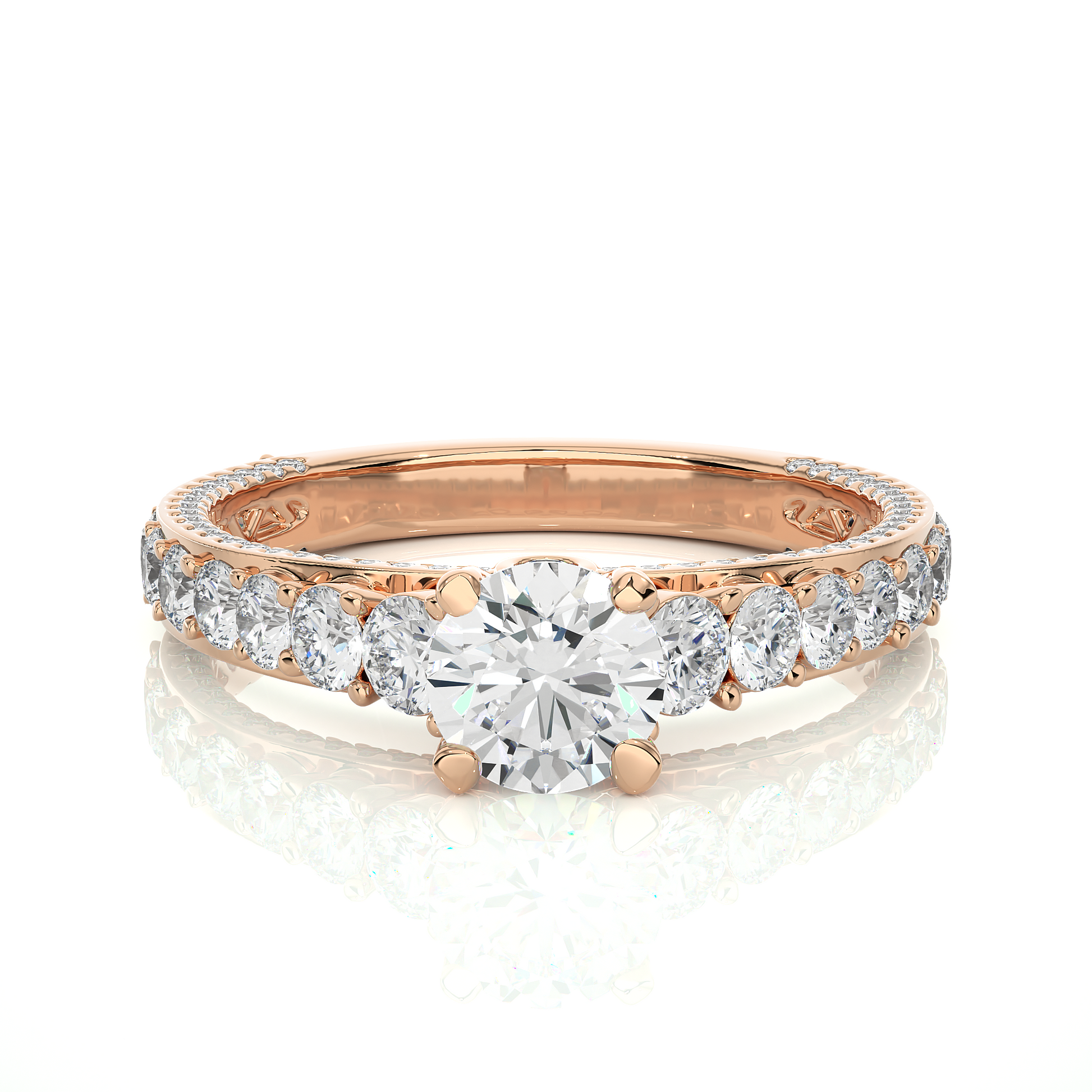 Round Diamond Ring – Solitaire Diamond with Small Diamonds Around and Sides of the Thick Ring in Elegant Design