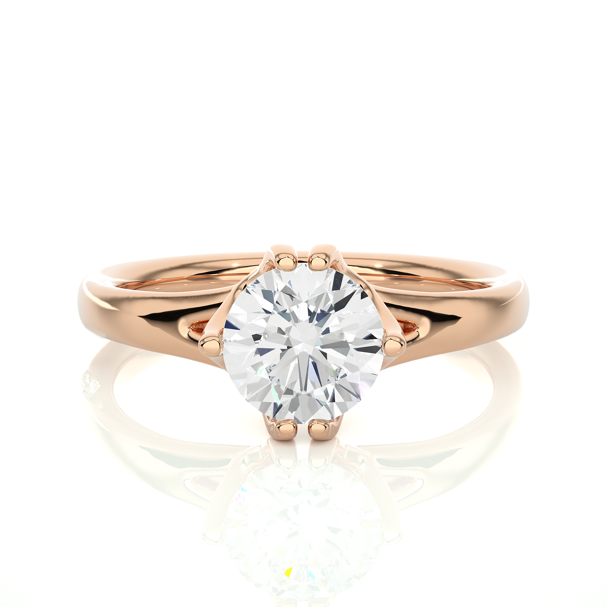 Round Diamond Ring – Solitaire Diamond Supported from 4 Sides with Plain Gold Band