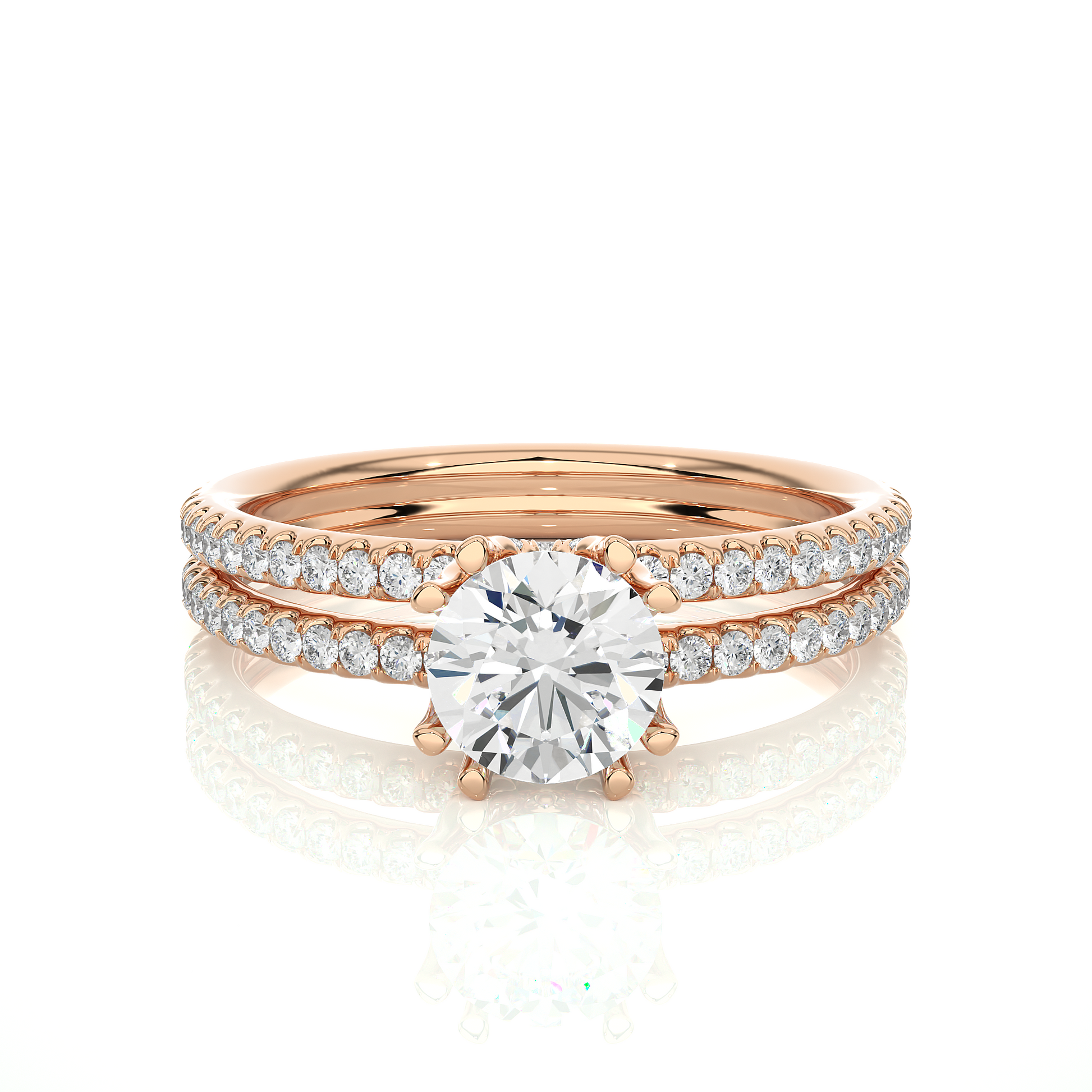 Round Diamond Ring – Solitaire Diamond with Small Diamonds on Dual Rings in Gold